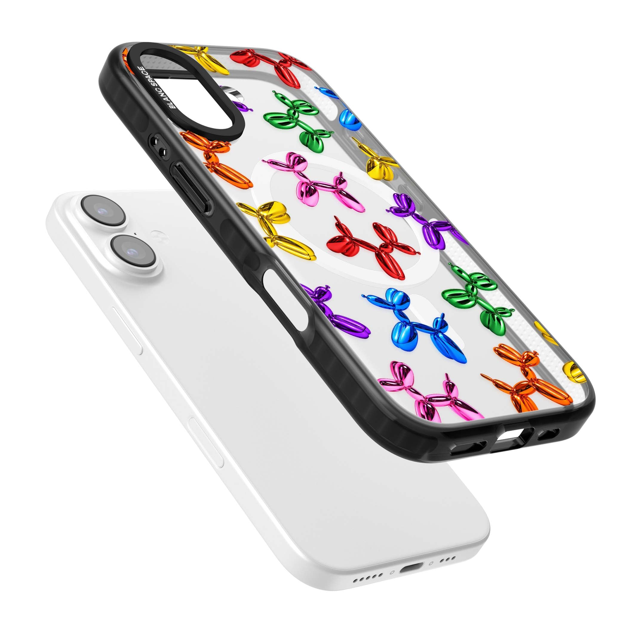 Balloon Dogs pop art iPhone case featuring rainbow chrome balloon dogs in Jeff Koons style | Black Impact Magsafe case for iPhone 17