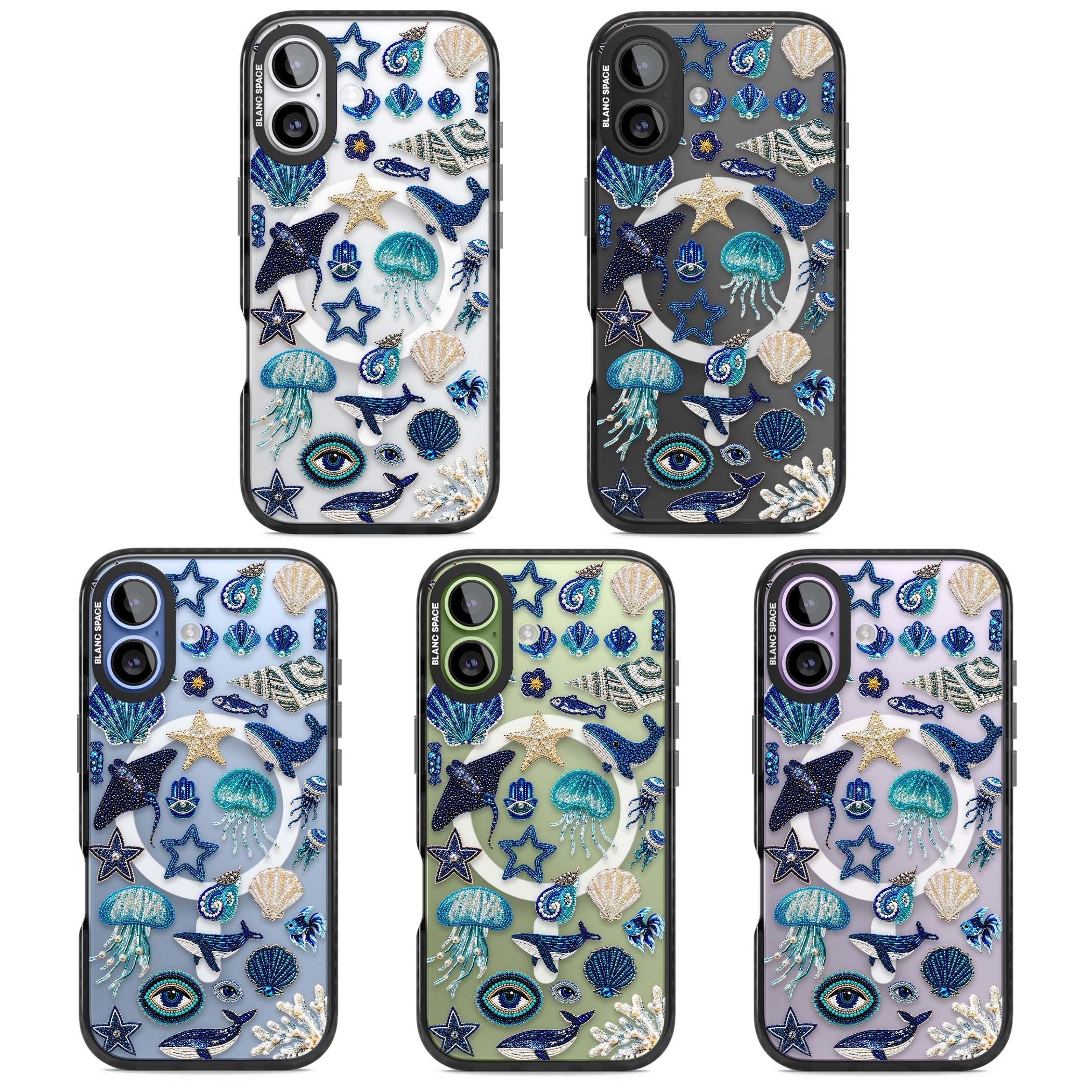 Beaded Coastal coastal iPhone case featuring embroidered seashells, jellyfish and a blue whale on clear | Black Impact Magsafe case for iPhone 17