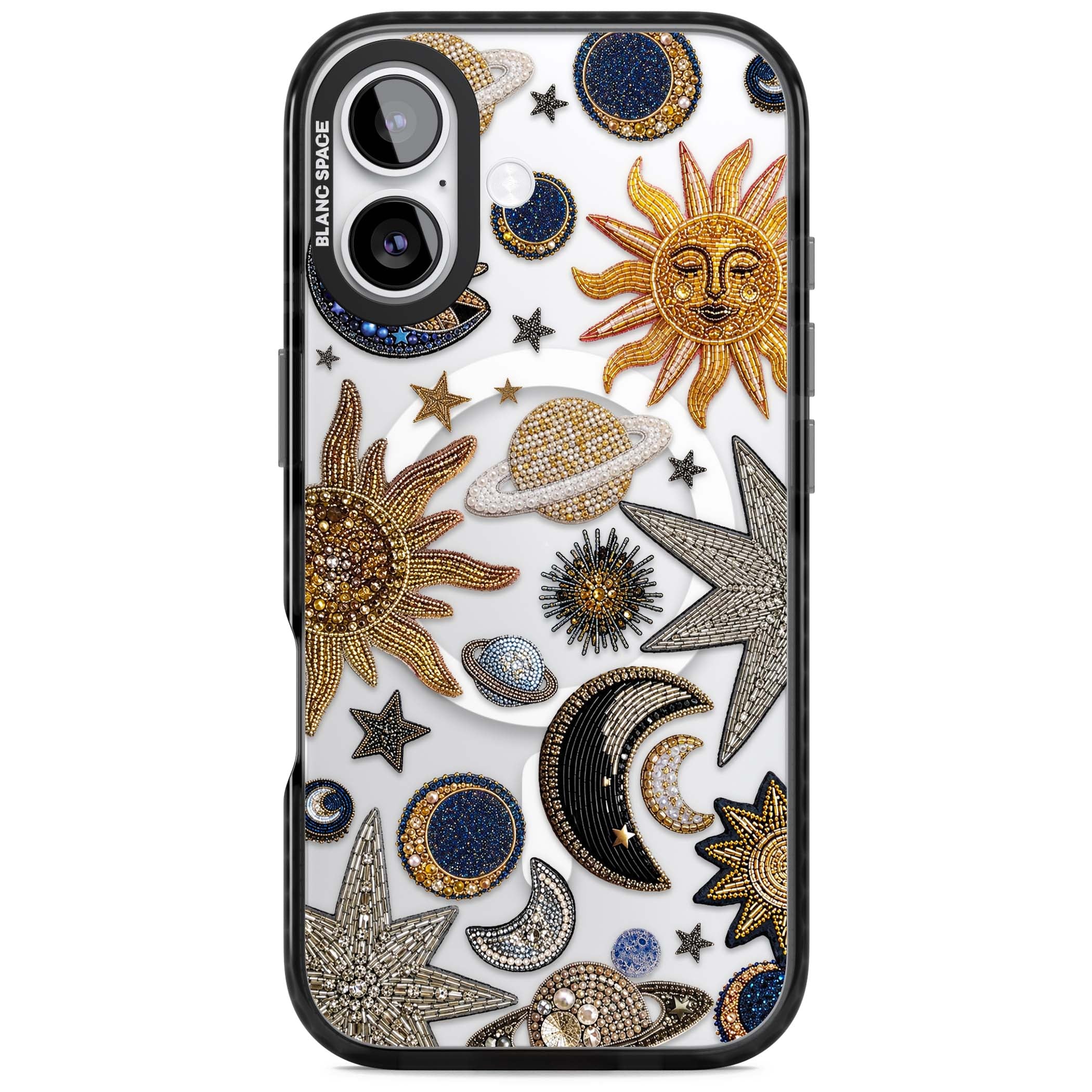 Beaded Cosmos celestial iPhone case featuring embroidered golden suns, beaded planets and silver shooting stars | Black Impact Magsafe case for iPhone 17