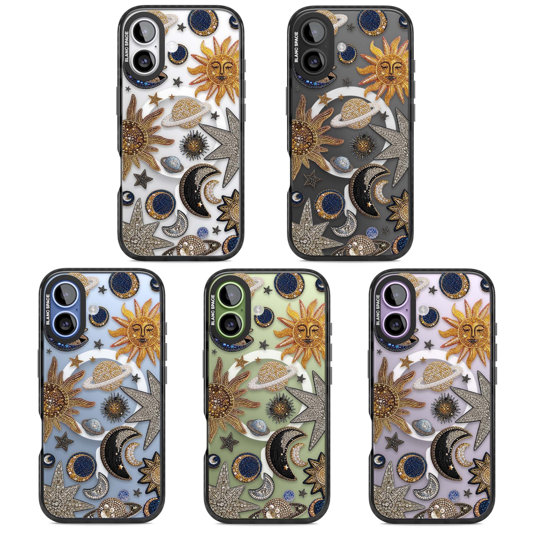 Beaded Cosmos celestial iPhone case featuring embroidered golden suns, beaded planets and silver shooting stars | Black Impact Magsafe case for iPhone 17