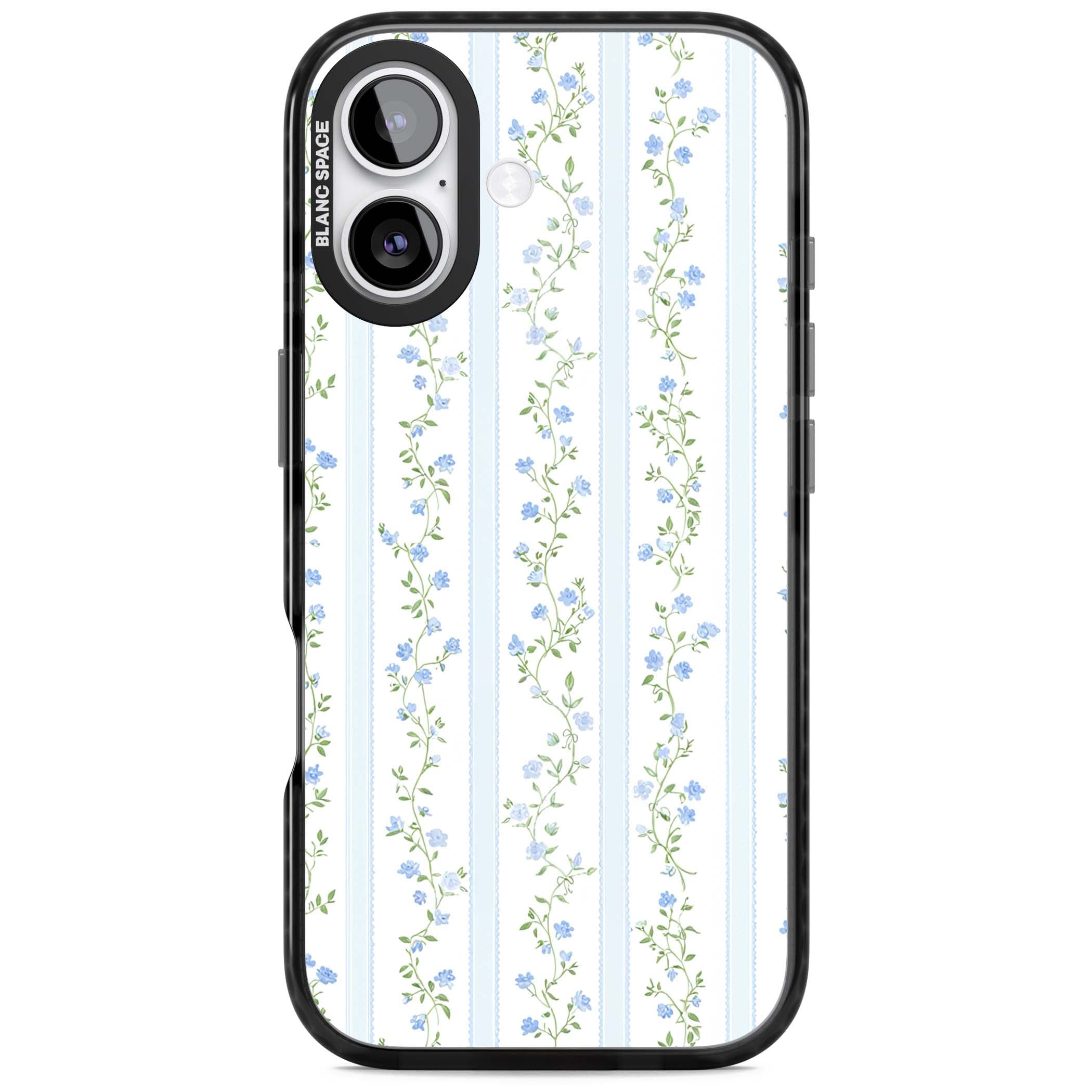 Bluebell Vine cottagecore iPhone case featuring climbing blue roses, trailing green vines, and pale ticking stripes | Black Impact Magsafe case for iPhone 17