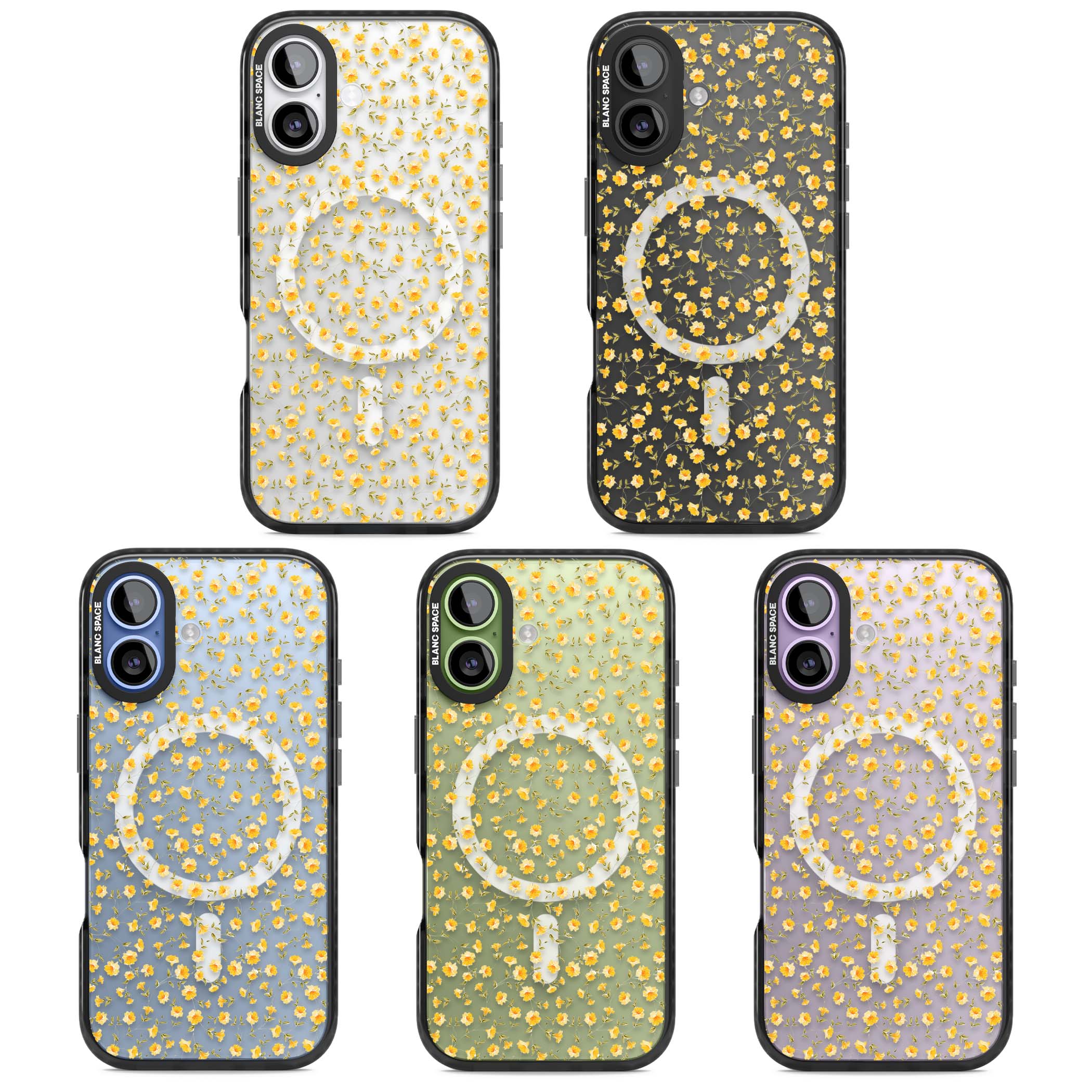Buttercup wildflower iPhone case featuring tiny yellow flowers and trailing green vines on clear | Black Impact Magsafe case for iPhone 17
