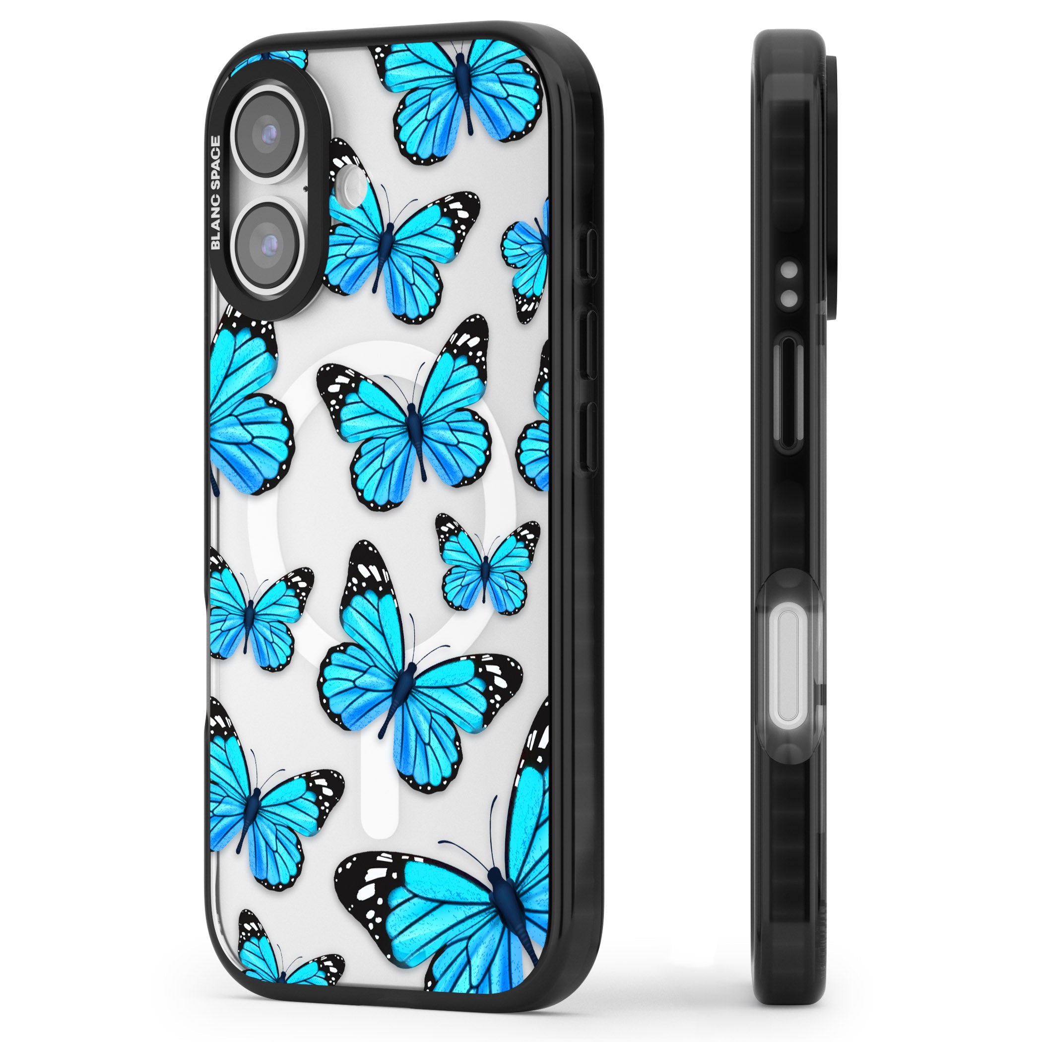 Blue Butterflies iPhone 17 Impact Pro Black Phone Case Side Profile
