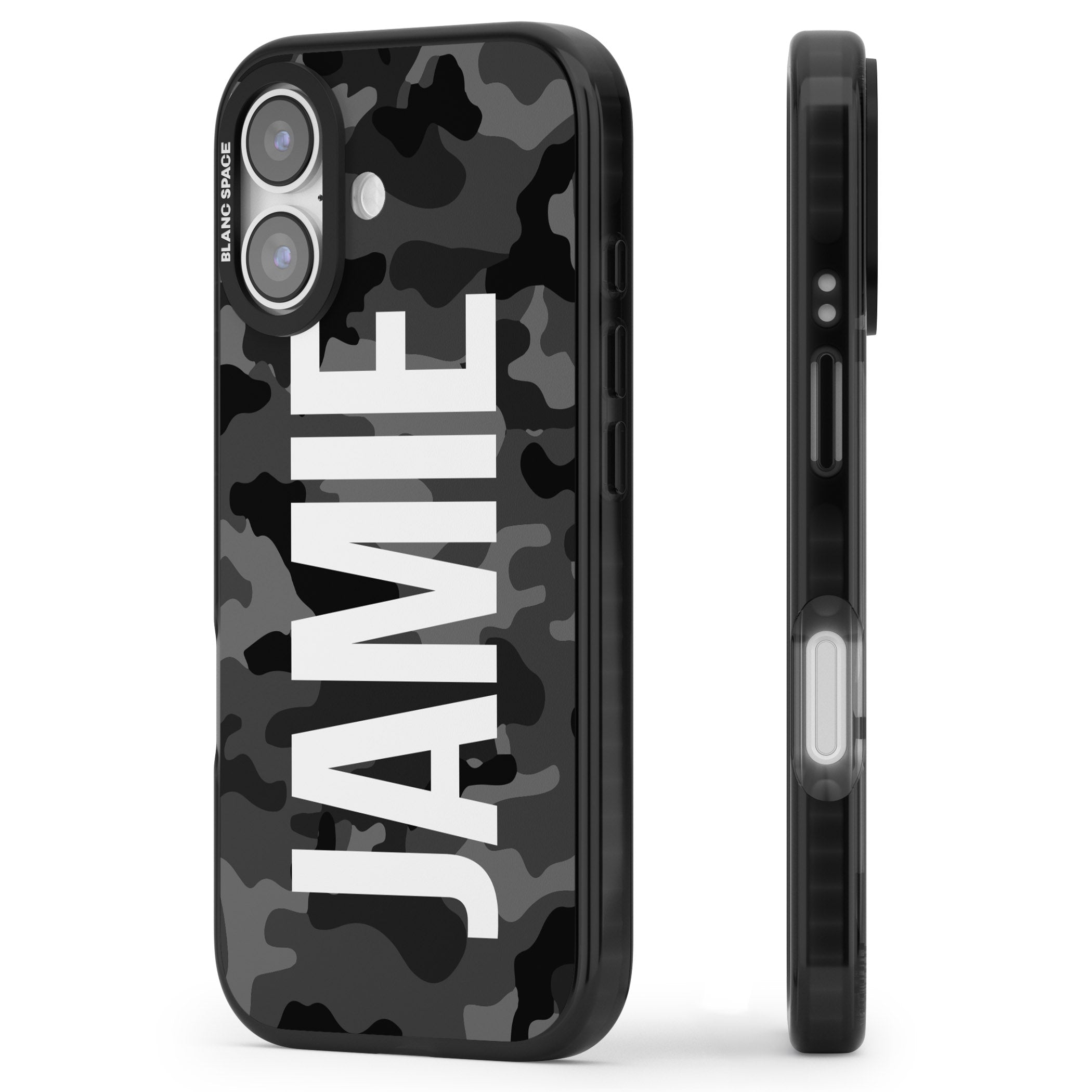 Personalised Black Camo Name Vertical iPhone 17 Impact Pro Black Phone Case Side Profile