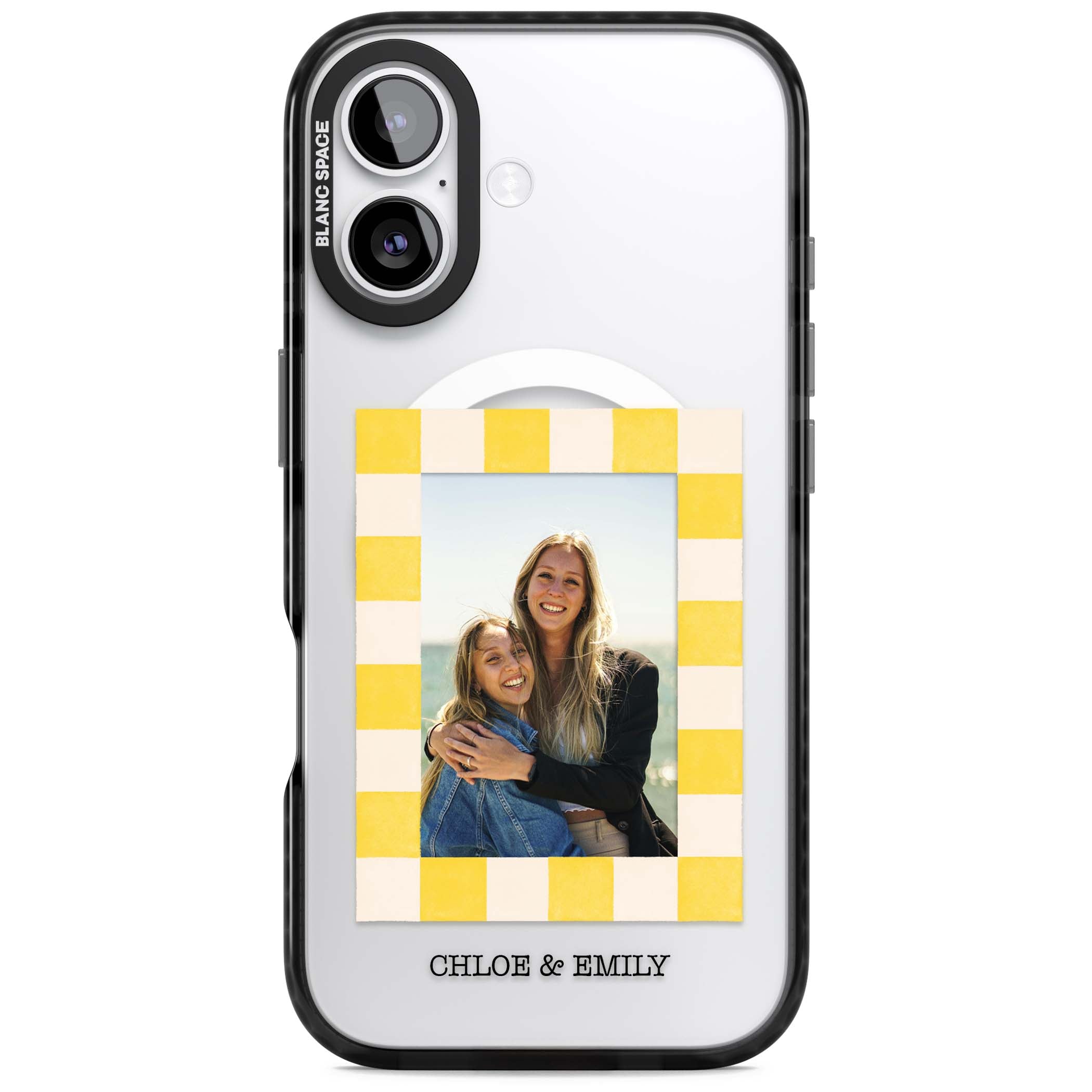 Yellow Check Photo personalised iPhone case with yellow checkered Polaroid frame and custom names beneath | Black Impact Magsafe case for iPhone 17