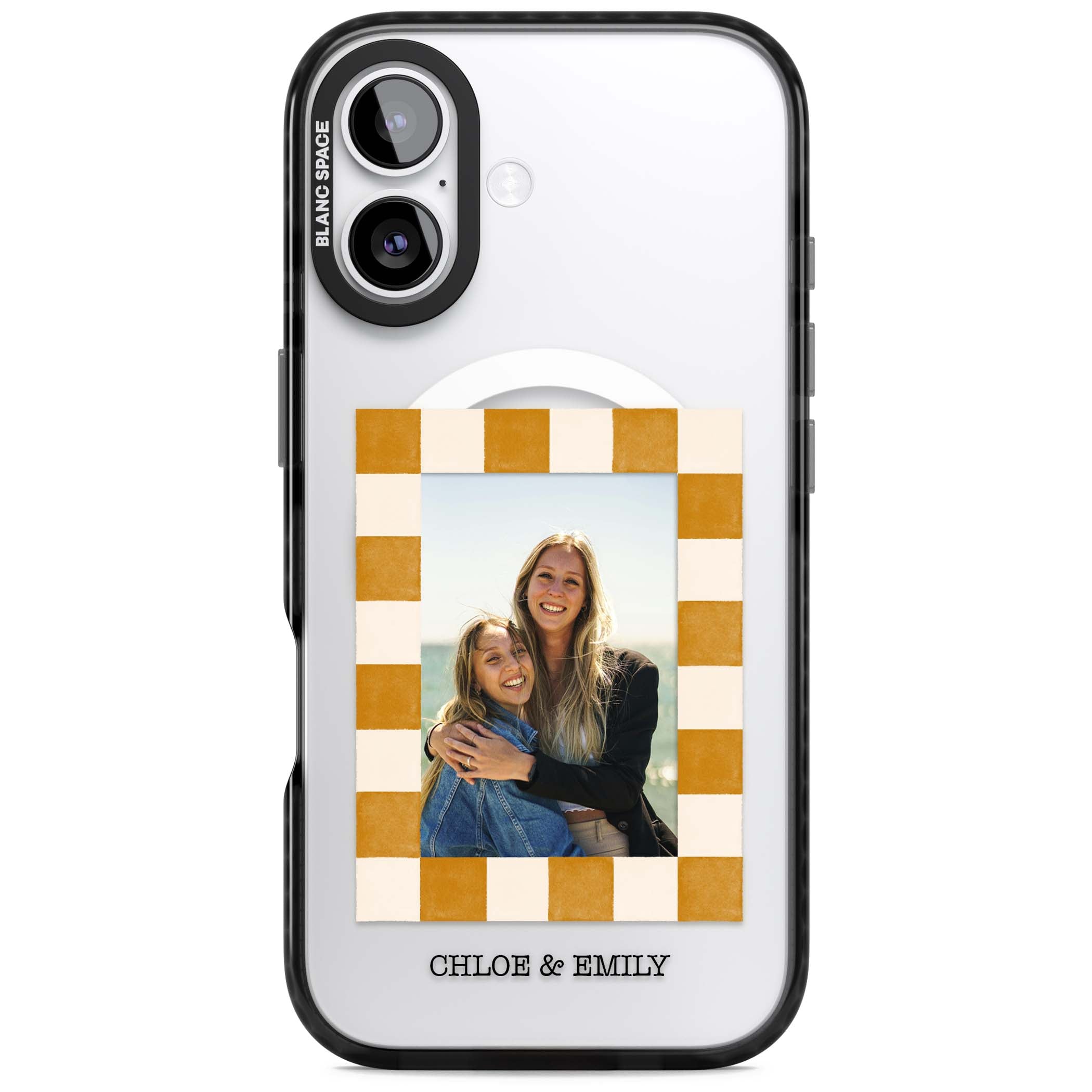 Citrus Check Photo personalised iPhone case with custom photo, orange checkered frame and names underneath | Black Impact Magsafe case for iPhone 17