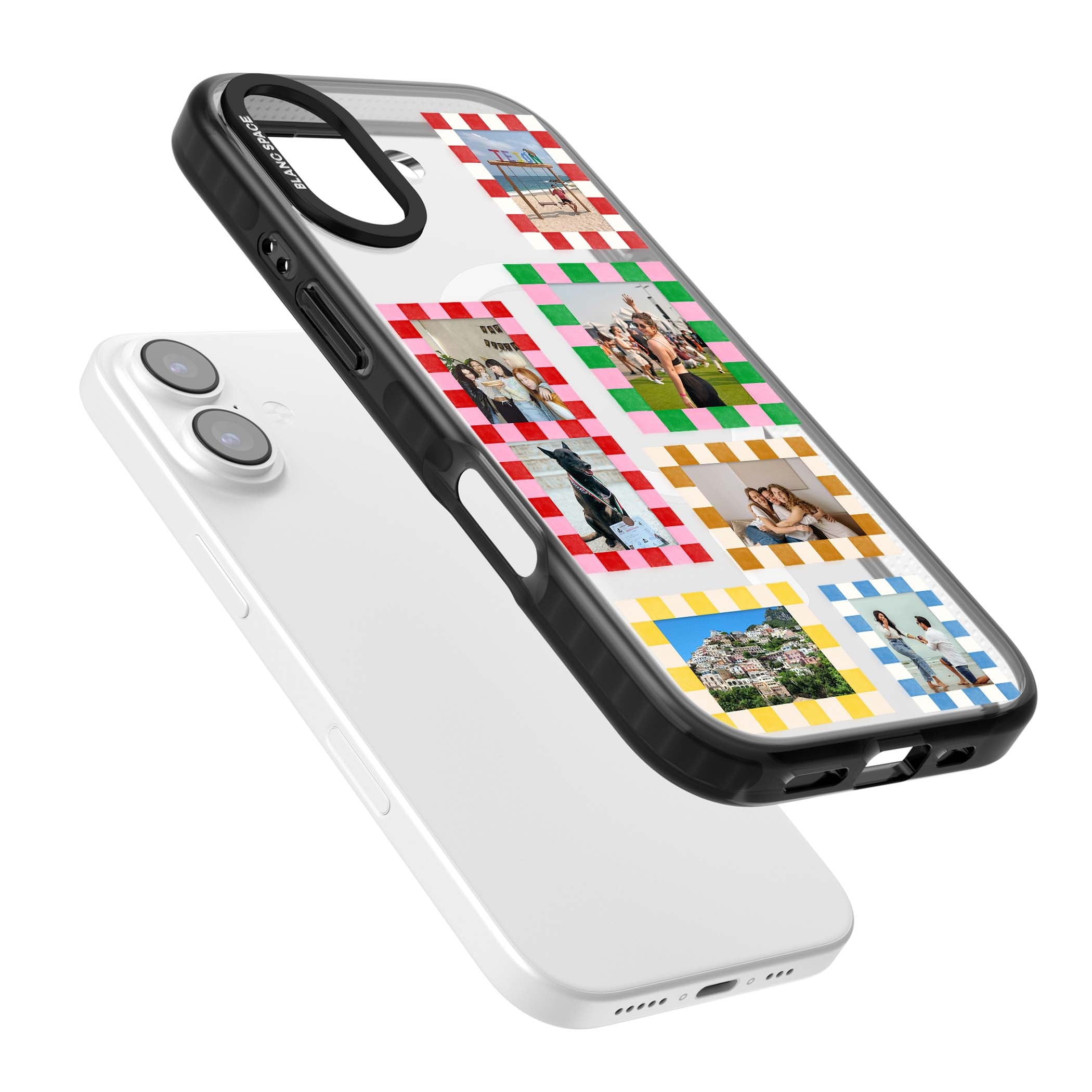 Italian Check Frames custom photo collage iPhone case featuring six checkered photo frames in red, green, pink and  | Black Impact Magsafe case for iPhone 17