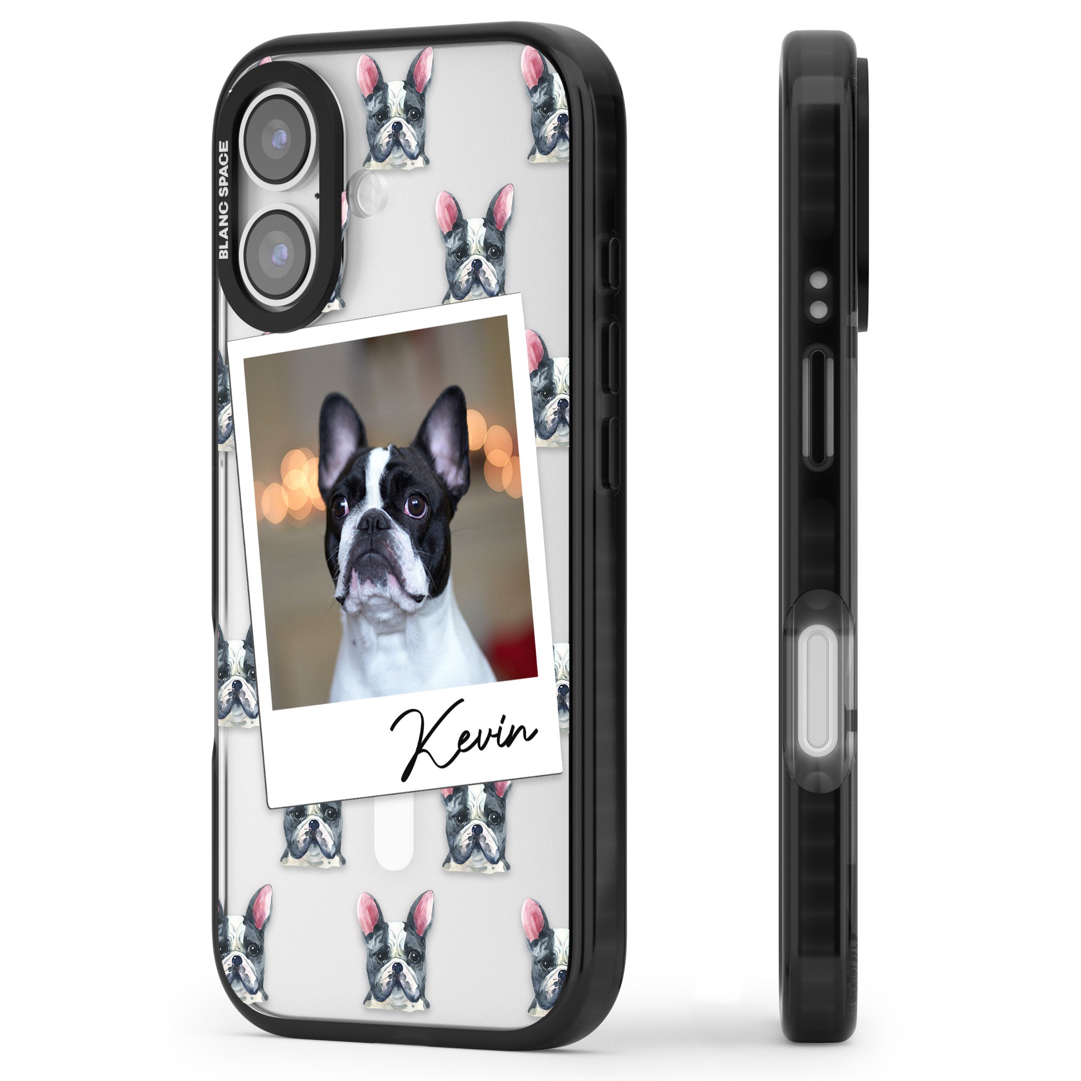 Personalised Black & White French Bulldog Instant Camera Photo iPhone 17 Impact Pro Black Phone Case Side Profile