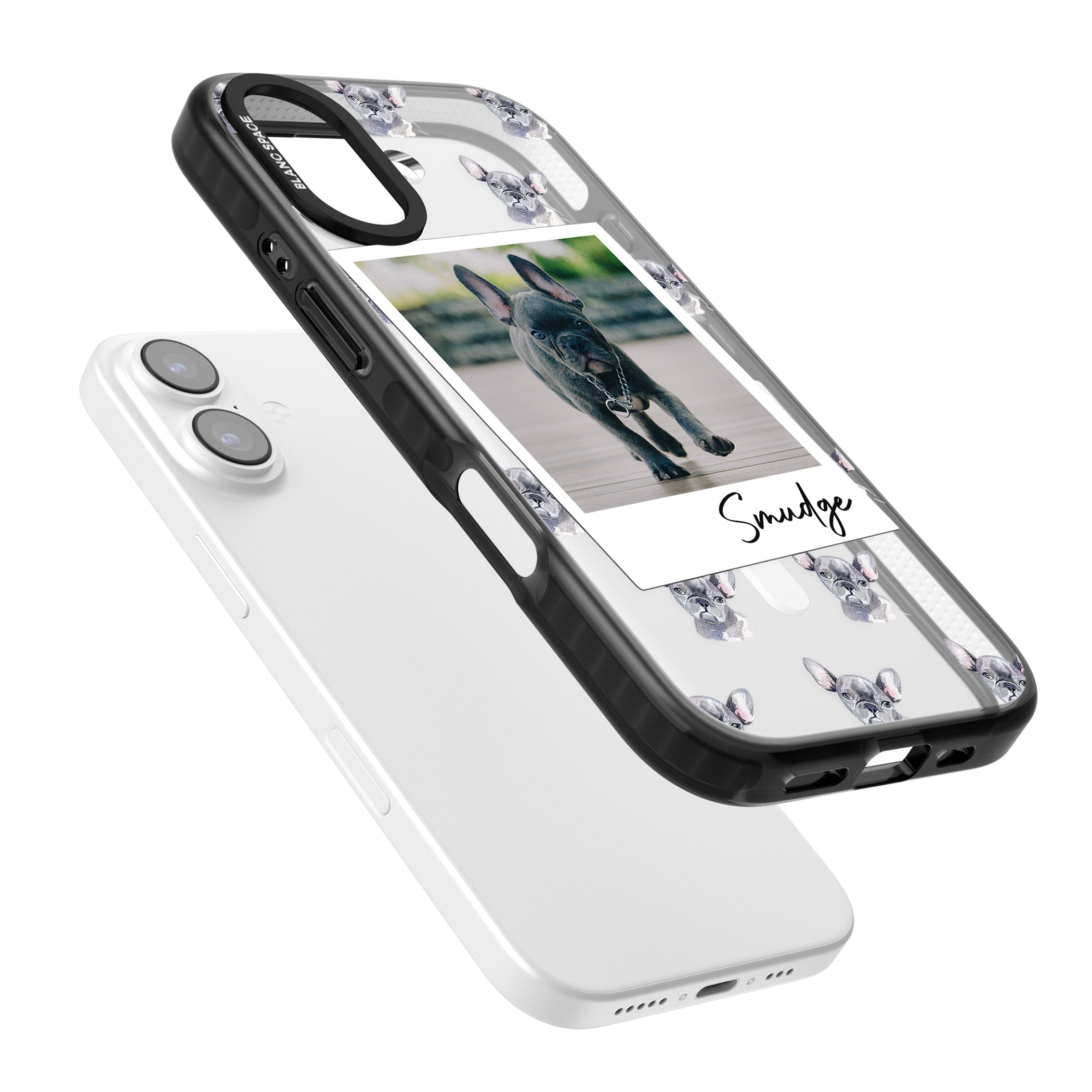 Personalised Grey French Bulldog Instant Camera Photo iPhone 17 Impact Pro Black Phone Case Colours