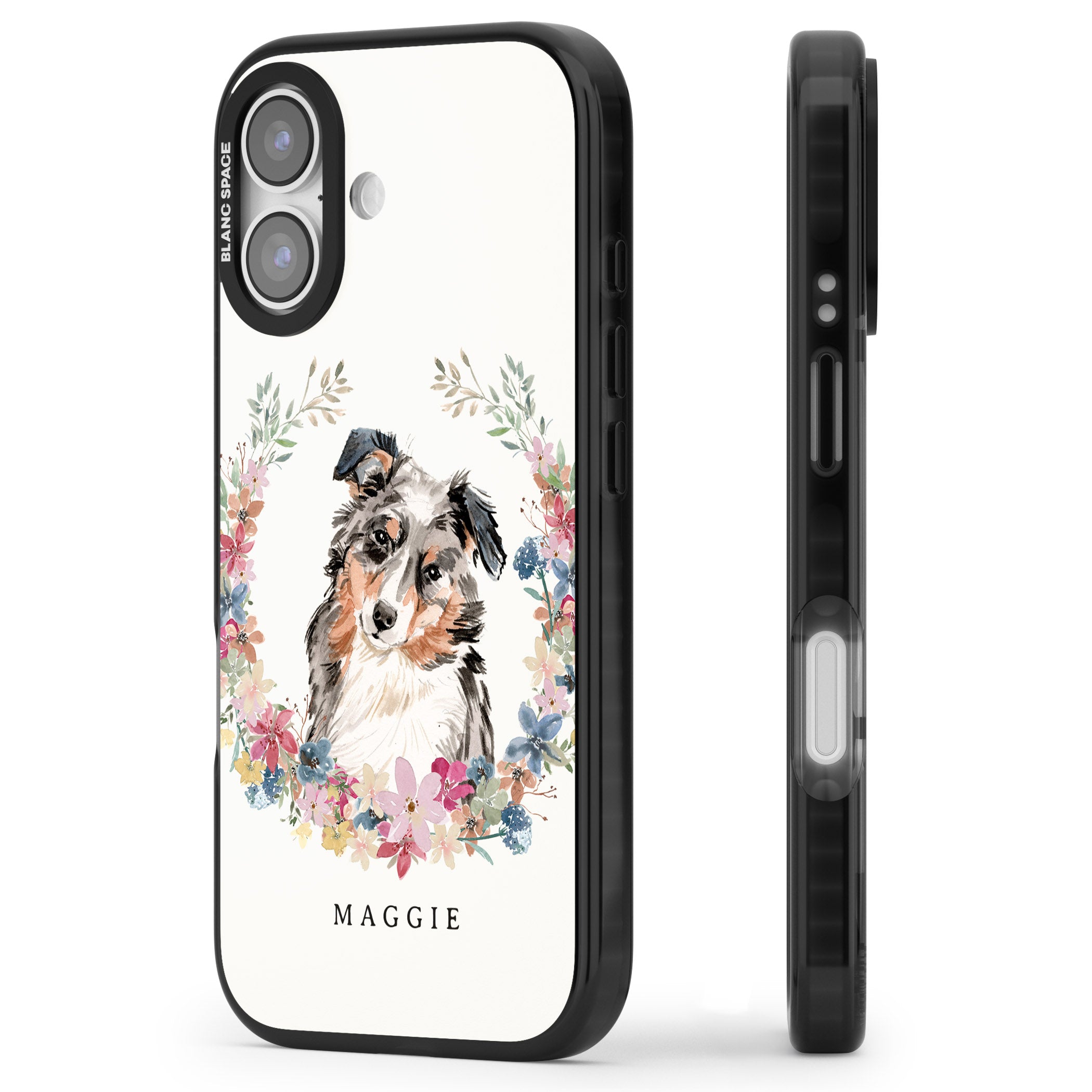Personalised Australian Shepherd Floral Portrait iPhone 17 Impact Pro Black Phone Case Side Profile