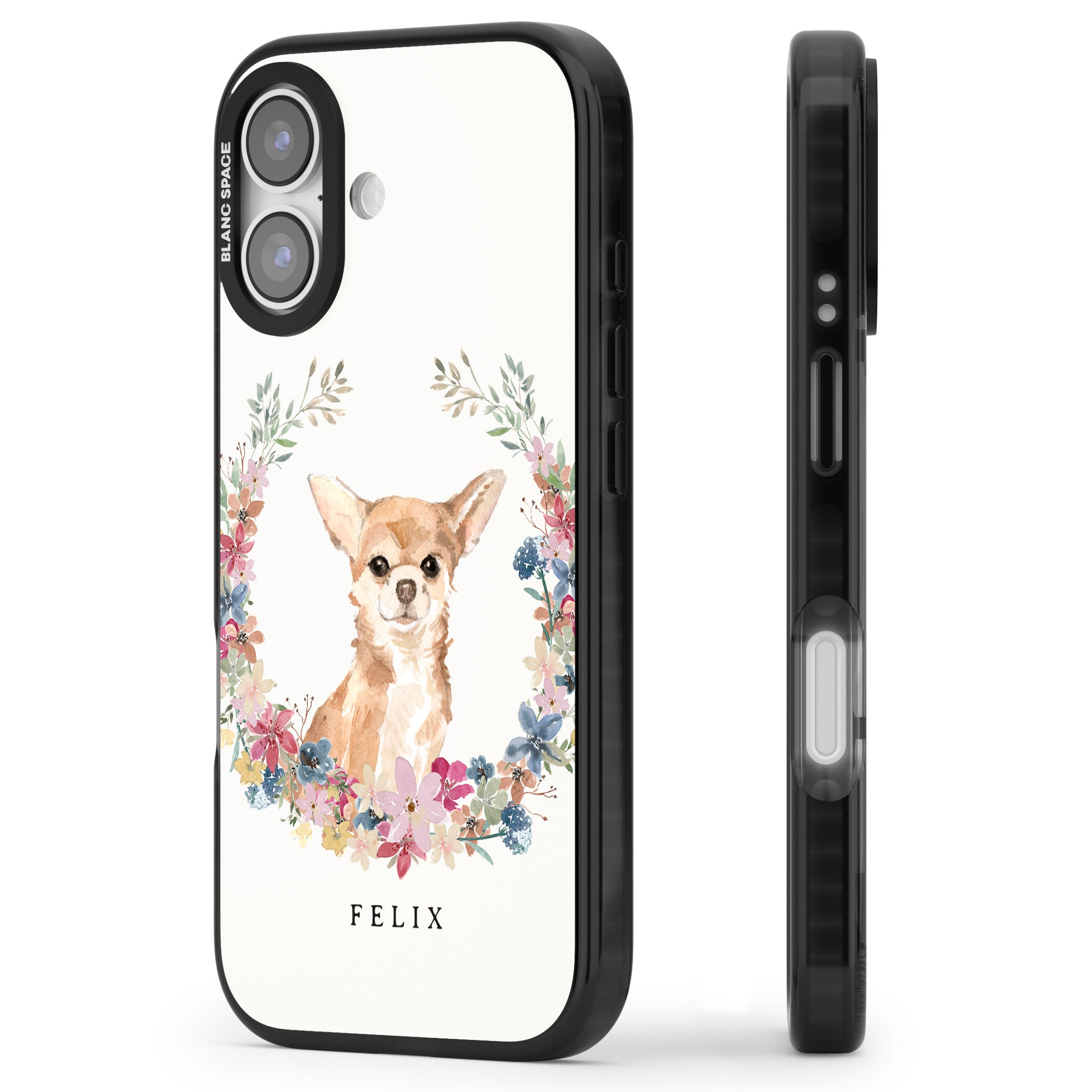 Personalised Chihuahua Floral Portrait iPhone 17 Impact Pro Black Phone Case Side Profile