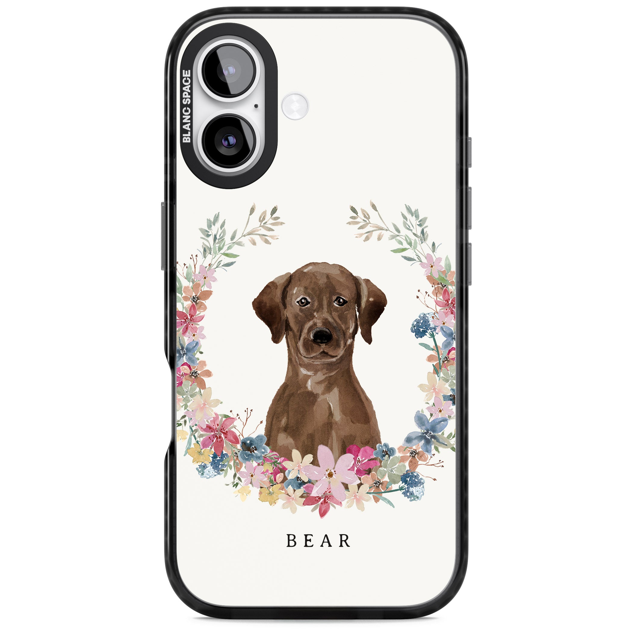 Personalised Chocolate Labrador Floral Portrait iPhone 17 Impact Pro Black Phone Case