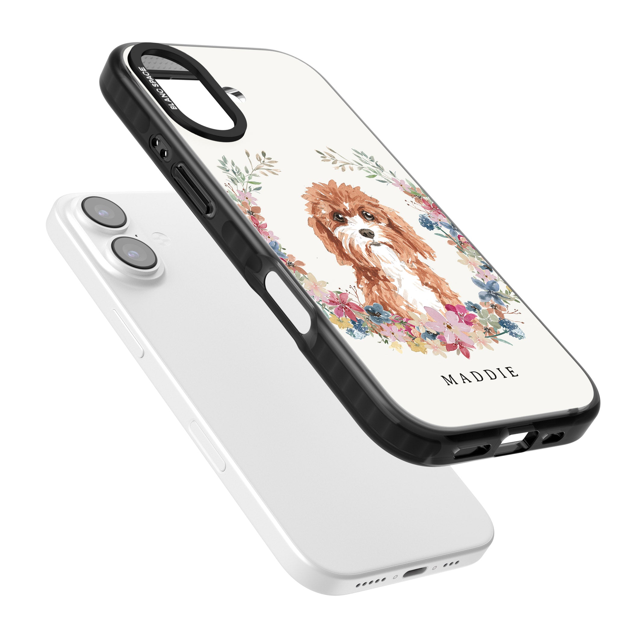 Personalised Cavapoo Floral Portrait iPhone 17 Impact Pro Black Phone Case Colours