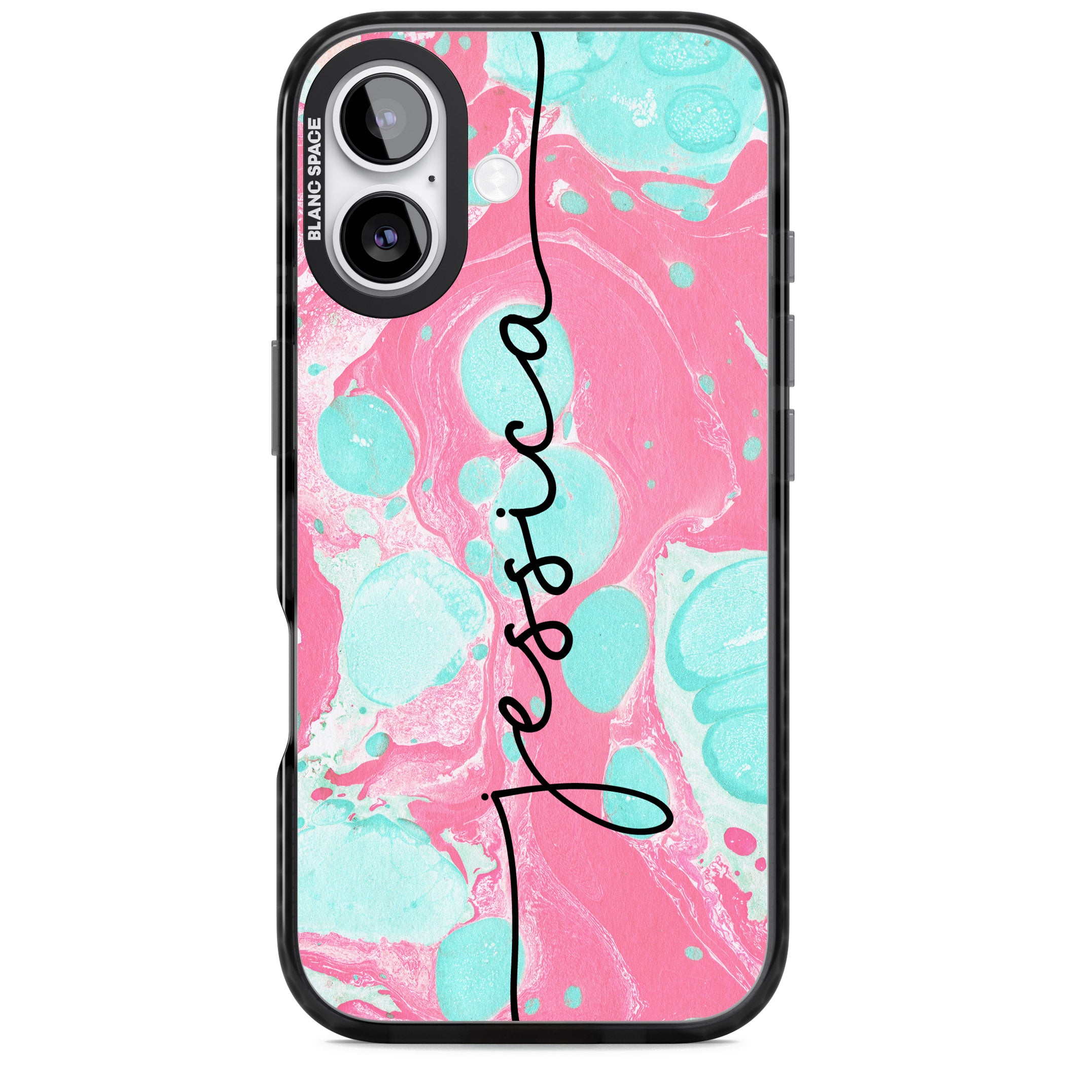 Personalised Turquoise & Pink Marbled iPhone 17 Impact Pro Black Phone Case