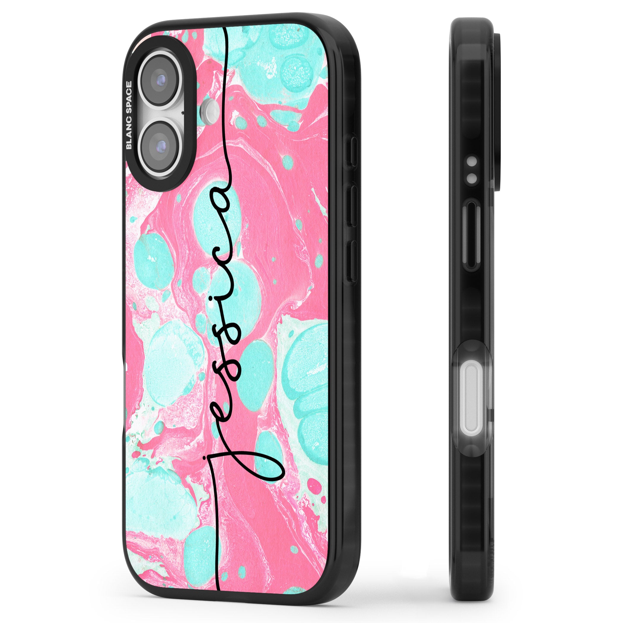 Personalised Turquoise & Pink Marbled iPhone 17 Impact Pro Black Phone Case Side Profile