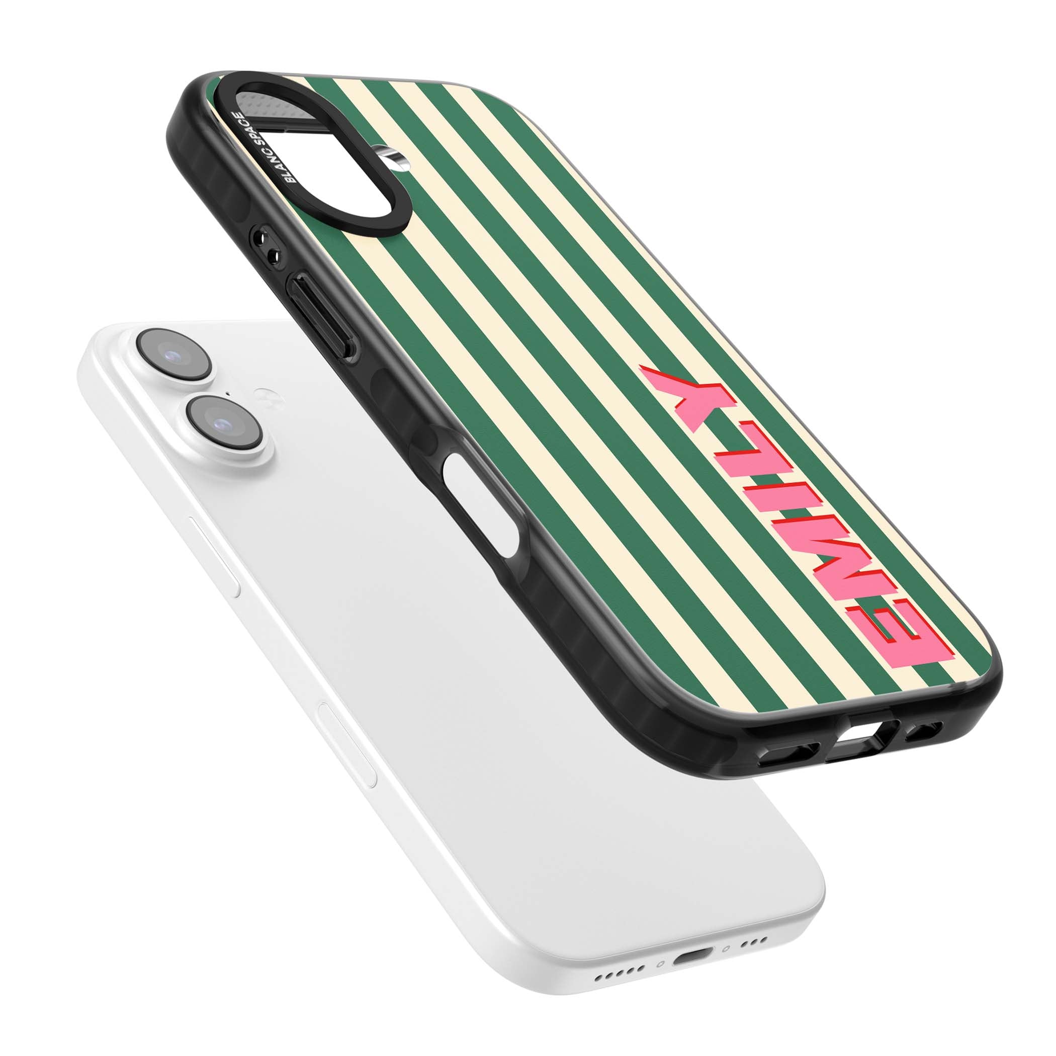 Wimbledon Stripe preppy iPhone case featuring green and cream vertical stripes with a personalised pink name | Black Impact Magsafe case for iPhone 17