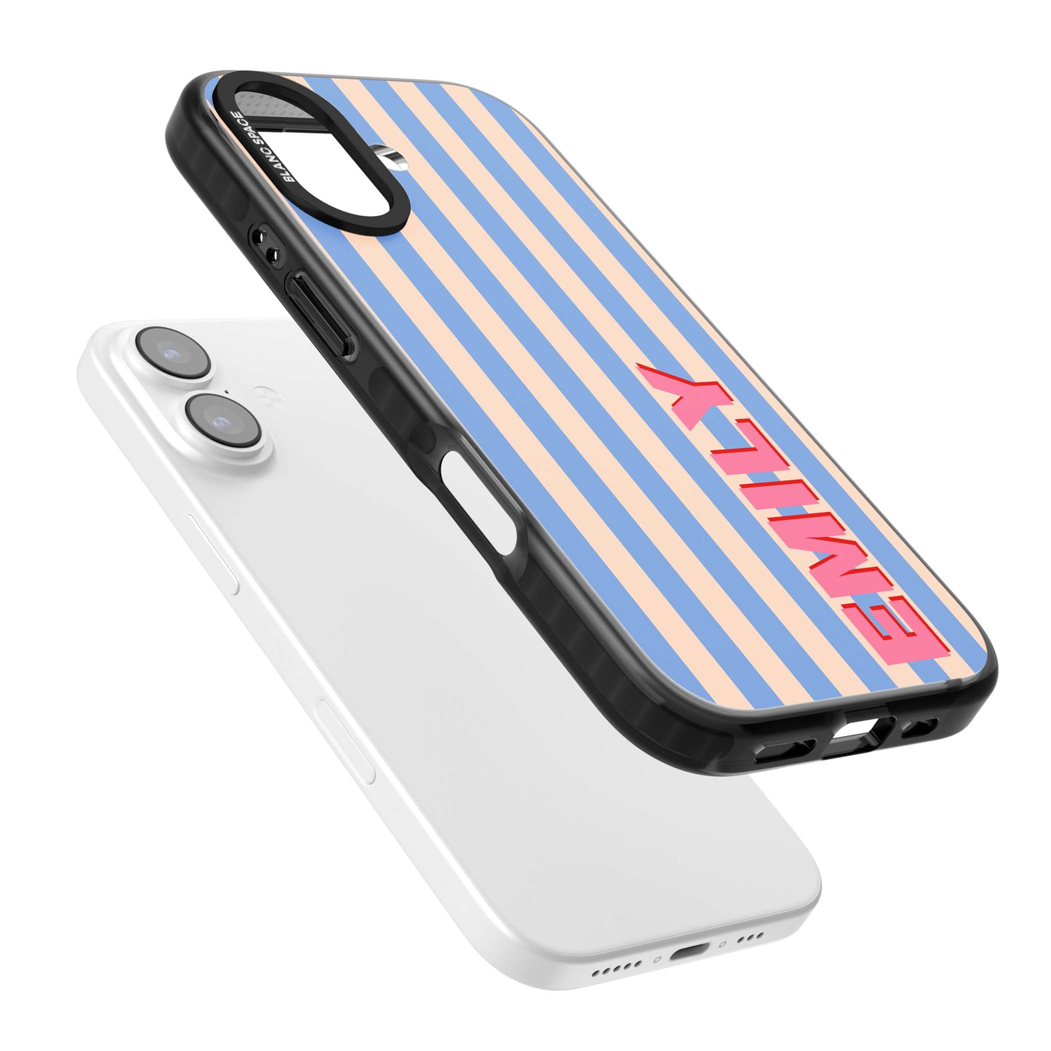 Coastal Stripe personalised coastal iPhone case with blue and peach vertical stripes and custom pink name | Black Impact Magsafe case for iPhone 17