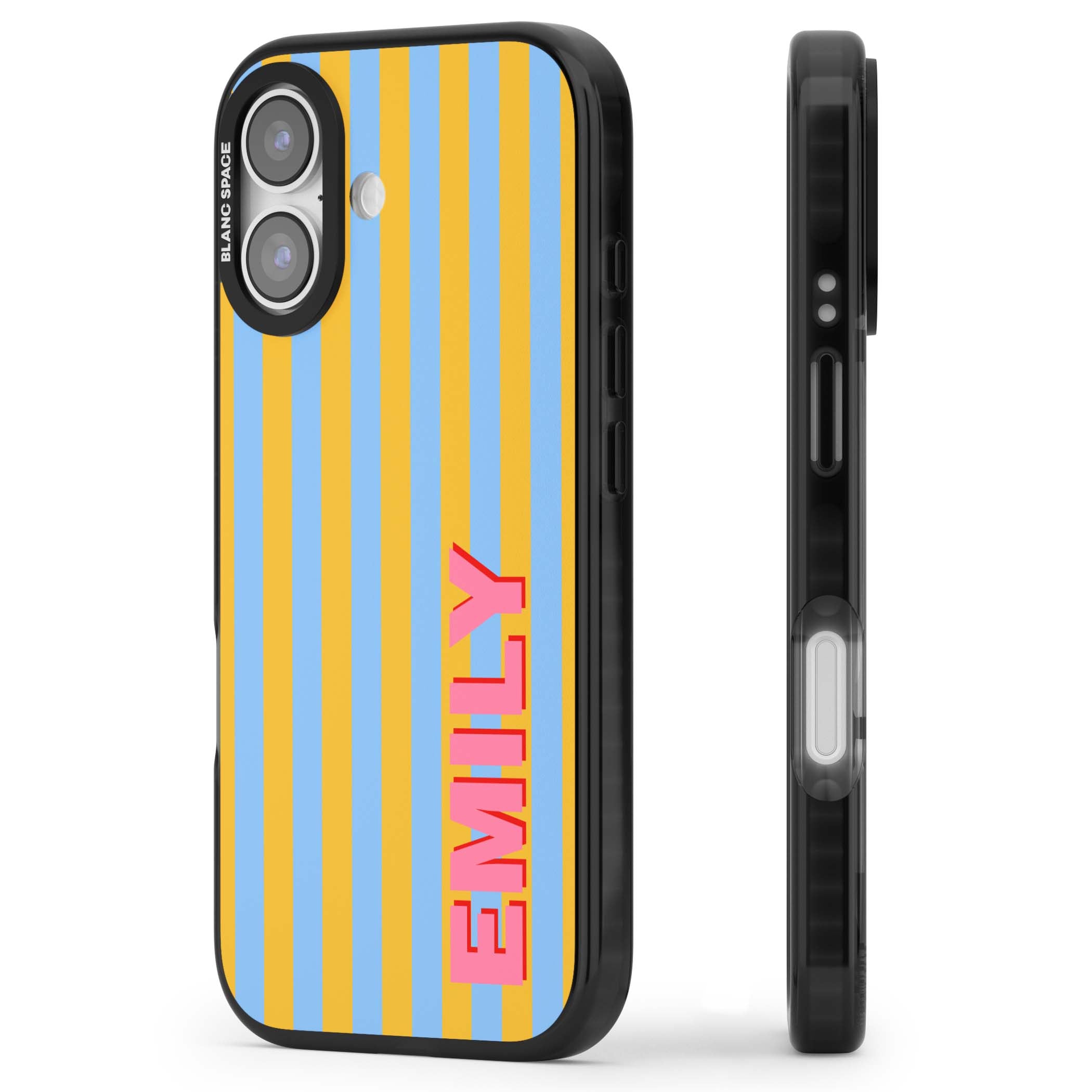 Carribean Stripe personalised coastal iPhone case with yellow and blue vertical stripes and a custom pink name | Black Impact Magsafe case for iPhone 17