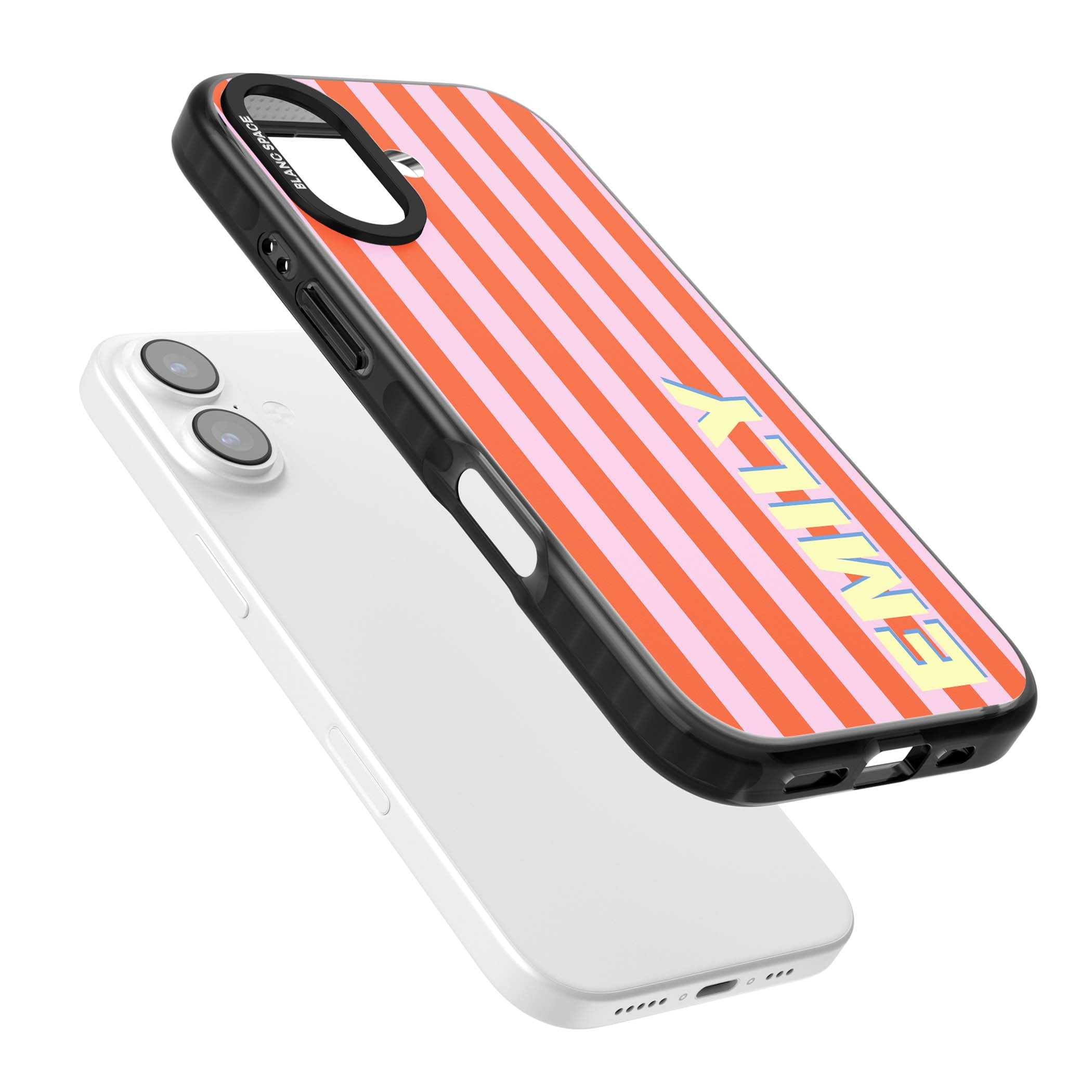 Havana Stripe personalised iPhone case featuring pink and orange vertical stripes with a custom yellow name | Black Impact Magsafe case for iPhone 17