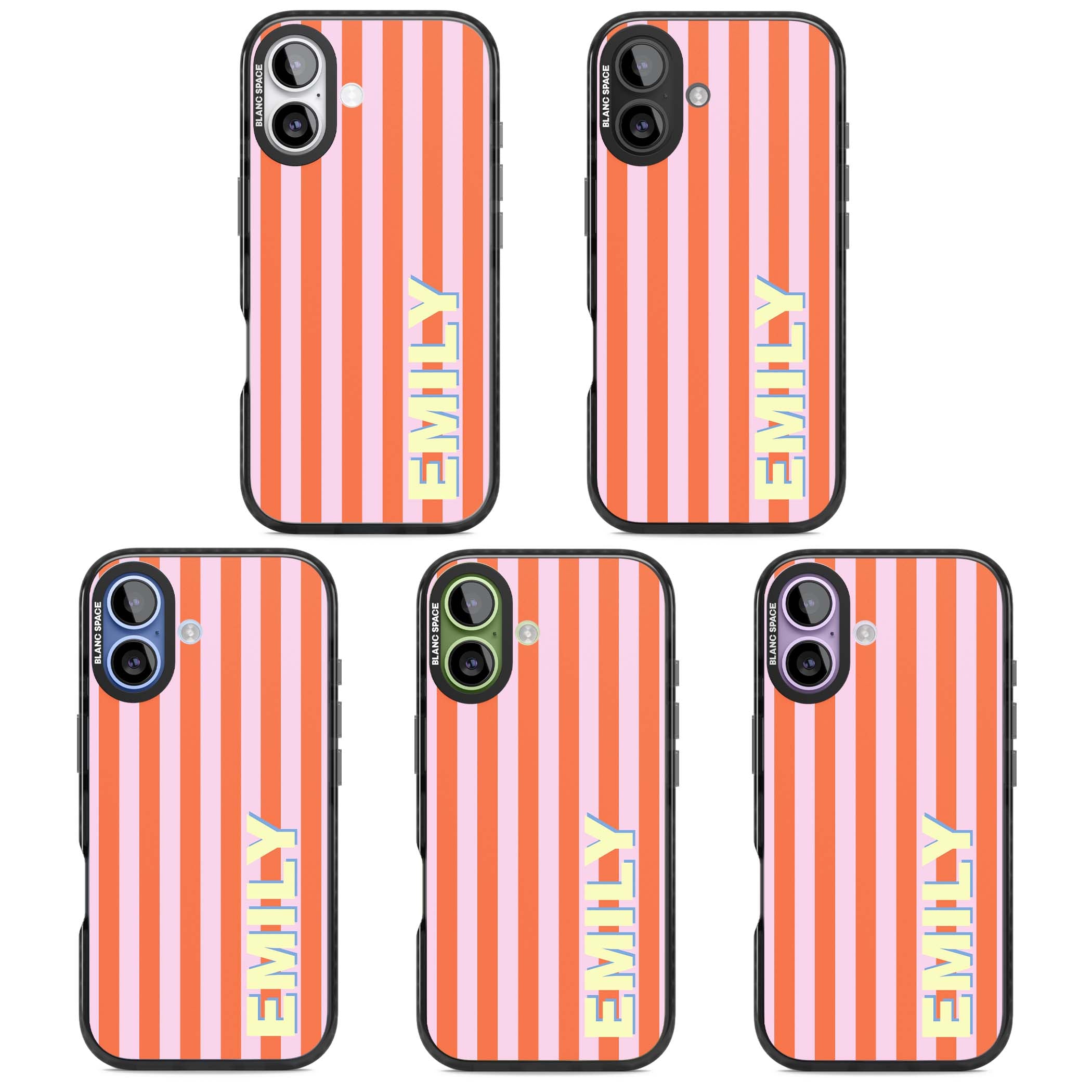 Havana Stripe personalised iPhone case featuring pink and orange vertical stripes with a custom yellow name | Black Impact Magsafe case for iPhone 17