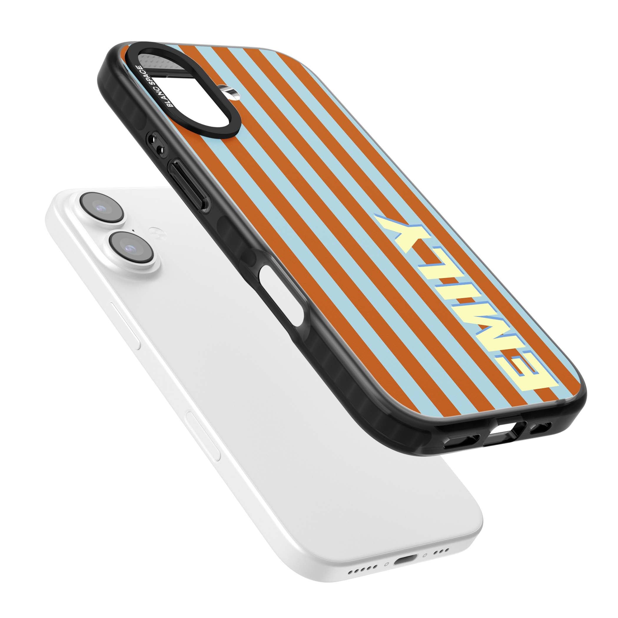 Cappadocia Stripe personalised coastal iPhone case featuring blue and orange vertical stripes with custom cream name | Black Impact Magsafe case for iPhone 17