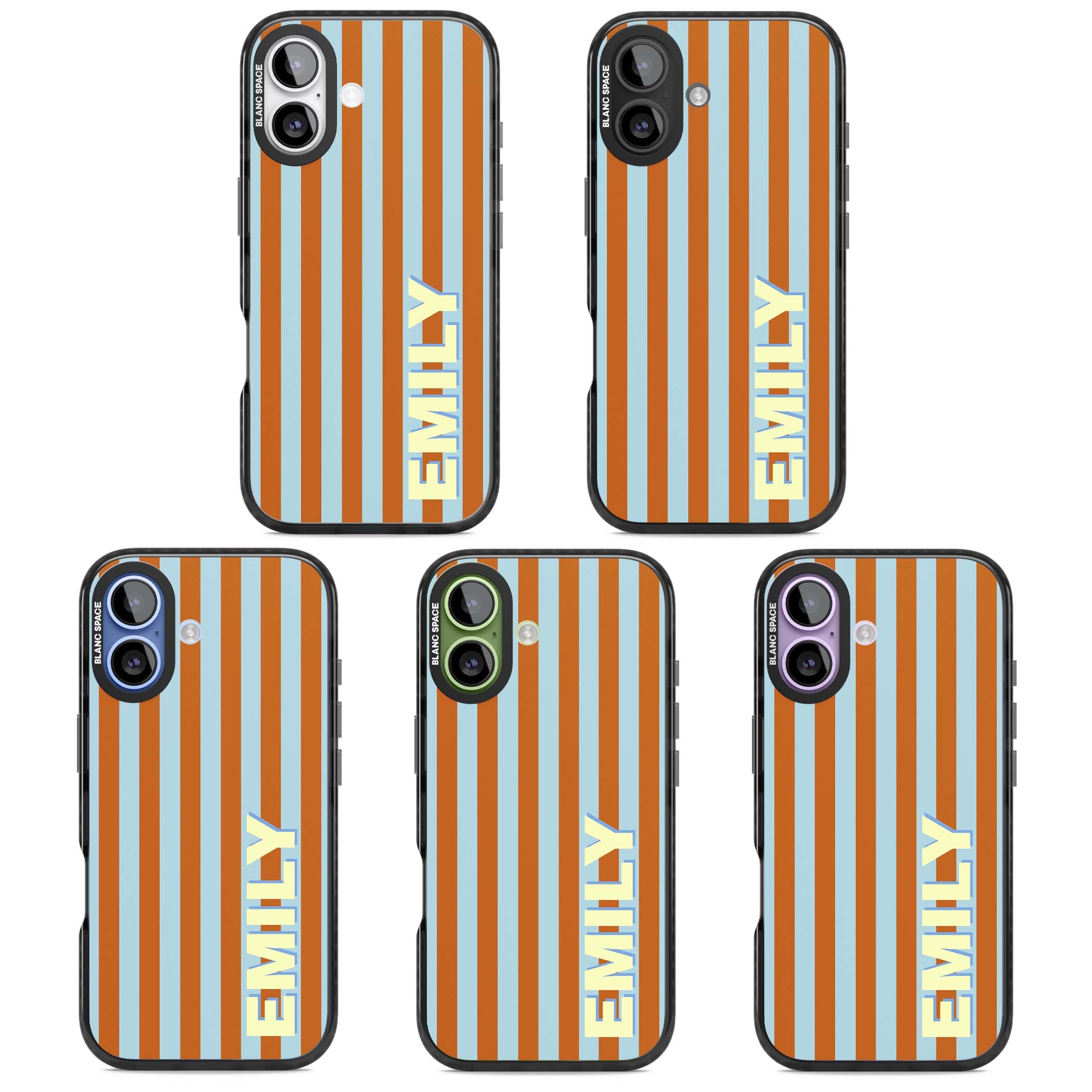 Cappadocia Stripe personalised coastal iPhone case featuring blue and orange vertical stripes with custom cream name | Black Impact Magsafe case for iPhone 17