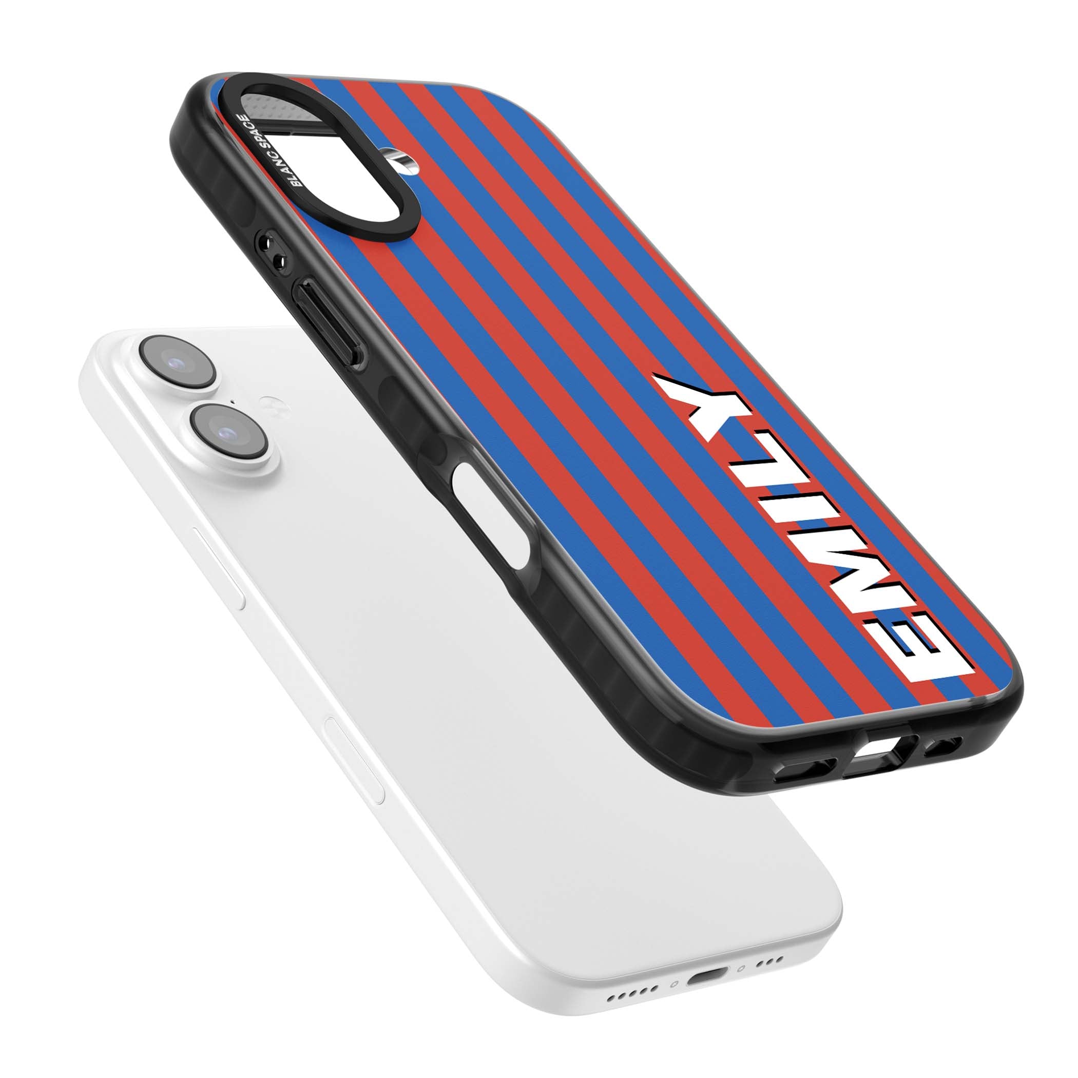 Cuban Stripe personalised iPhone case featuring red and blue vertical stripes with custom name in bold white letters | Black Impact Magsafe case for iPhone 17