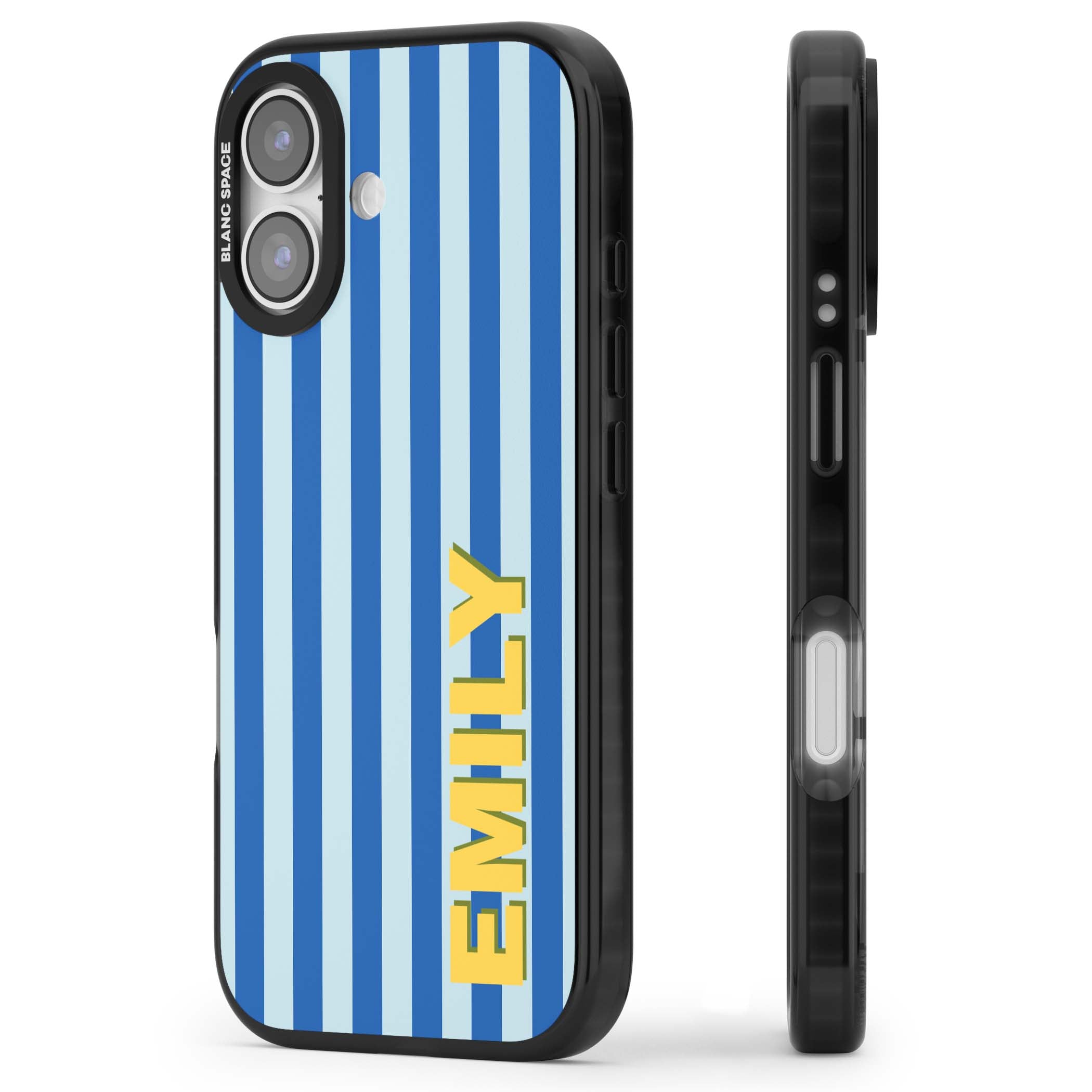 Athenian Stripe personalised preppy iPhone case featuring blue vertical stripes and a custom yellow name | Black Impact Magsafe case for iPhone 17