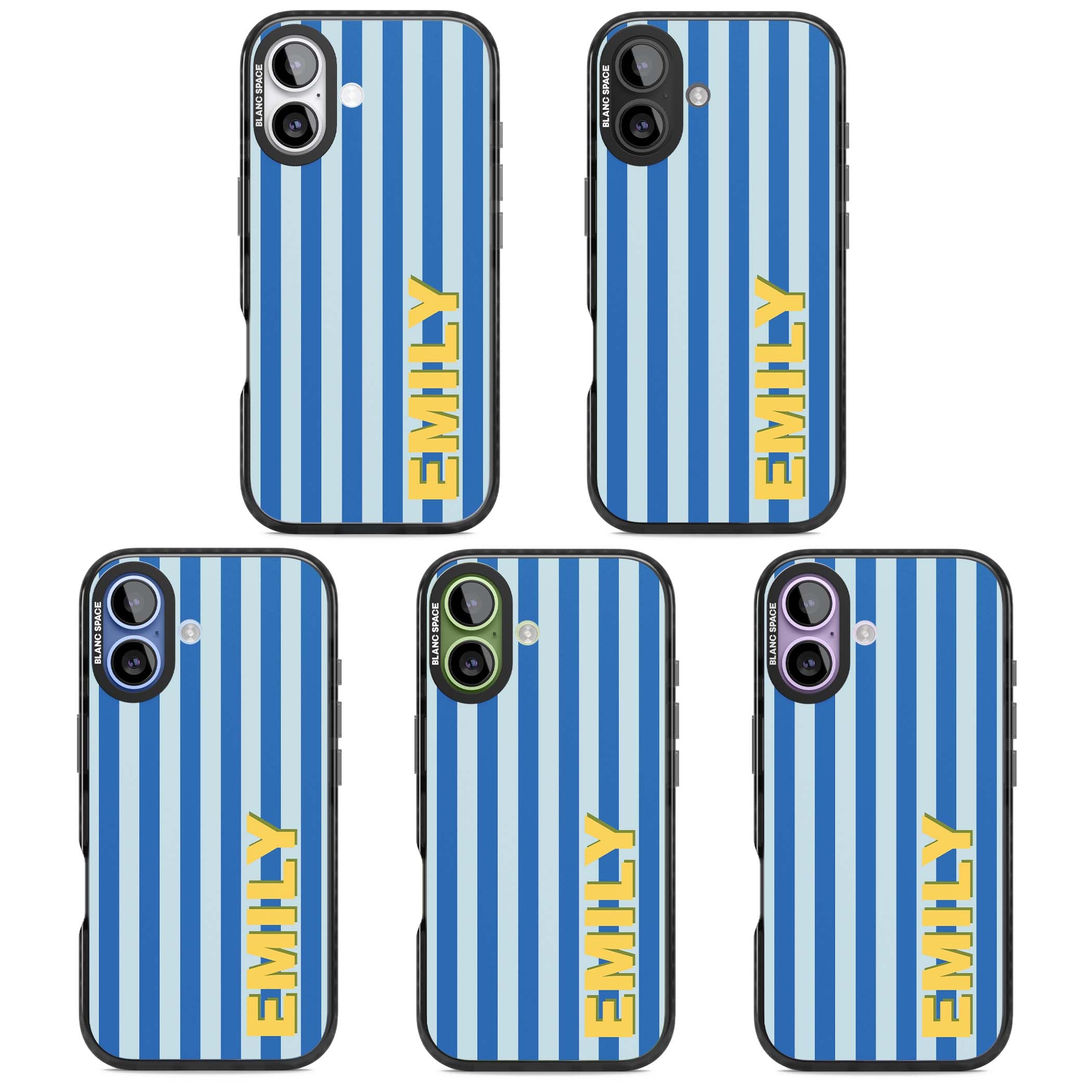 Athenian Stripe personalised preppy iPhone case featuring blue vertical stripes and a custom yellow name | Black Impact Magsafe case for iPhone 17
