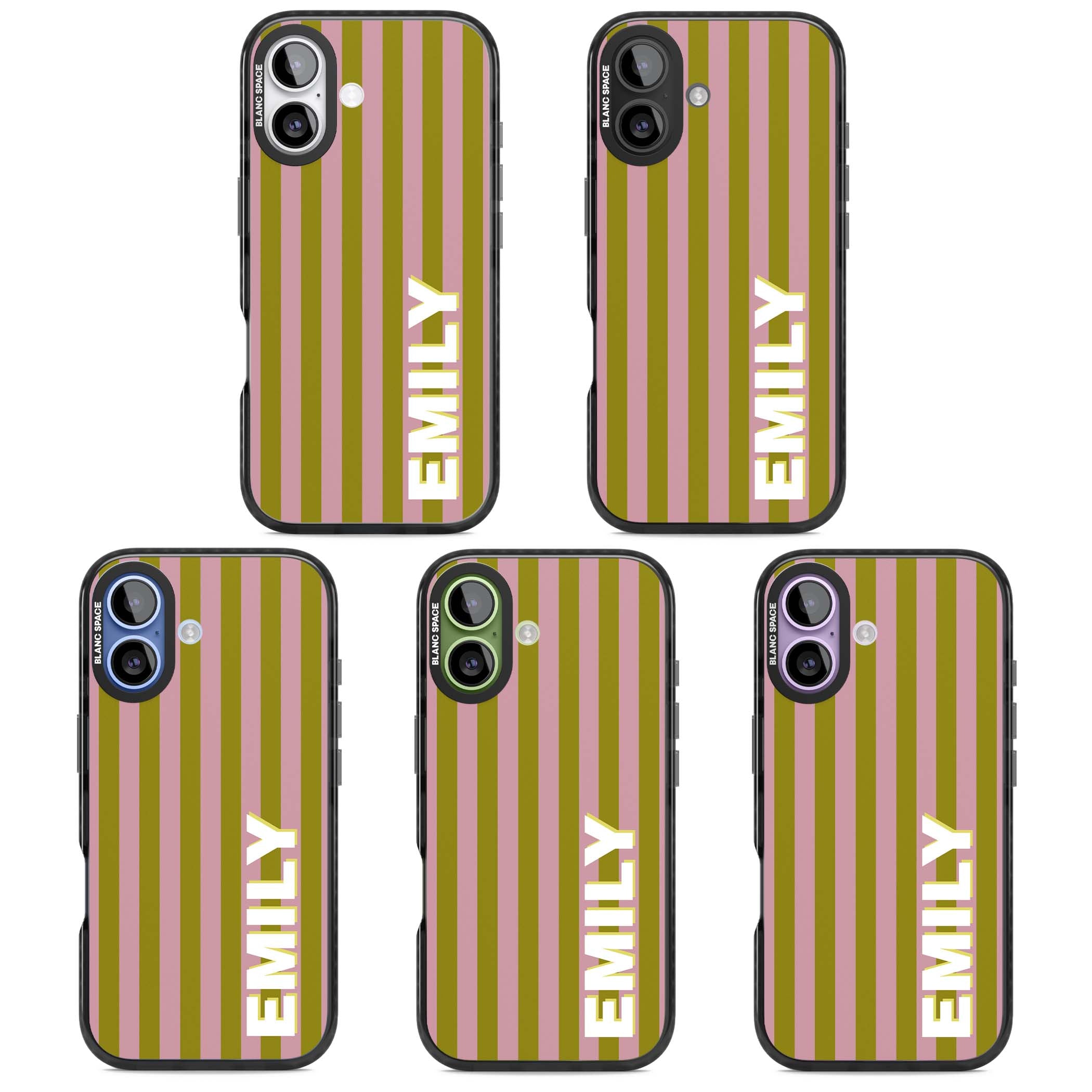 Istanbul Stripe personalised iPhone case featuring pink and olive green vertical stripes with a custom vertical name | Black Impact Magsafe case for iPhone 17