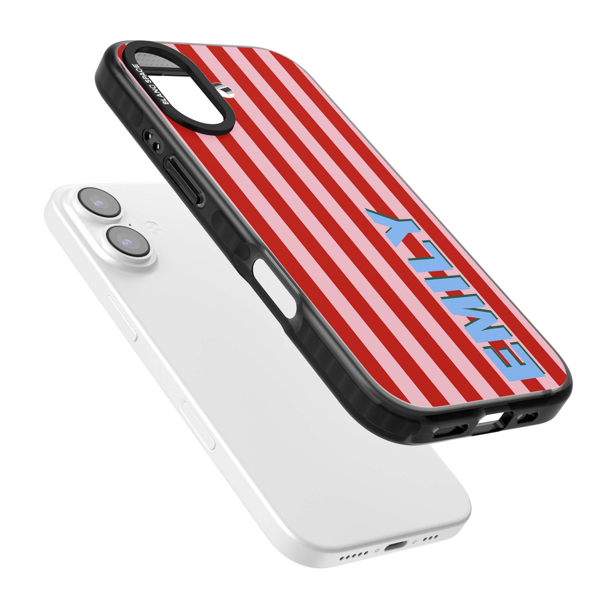 Market Stripe personalised iPhone case with red and pink vertical stripes and custom blue name | Black Impact Magsafe case for iPhone 17