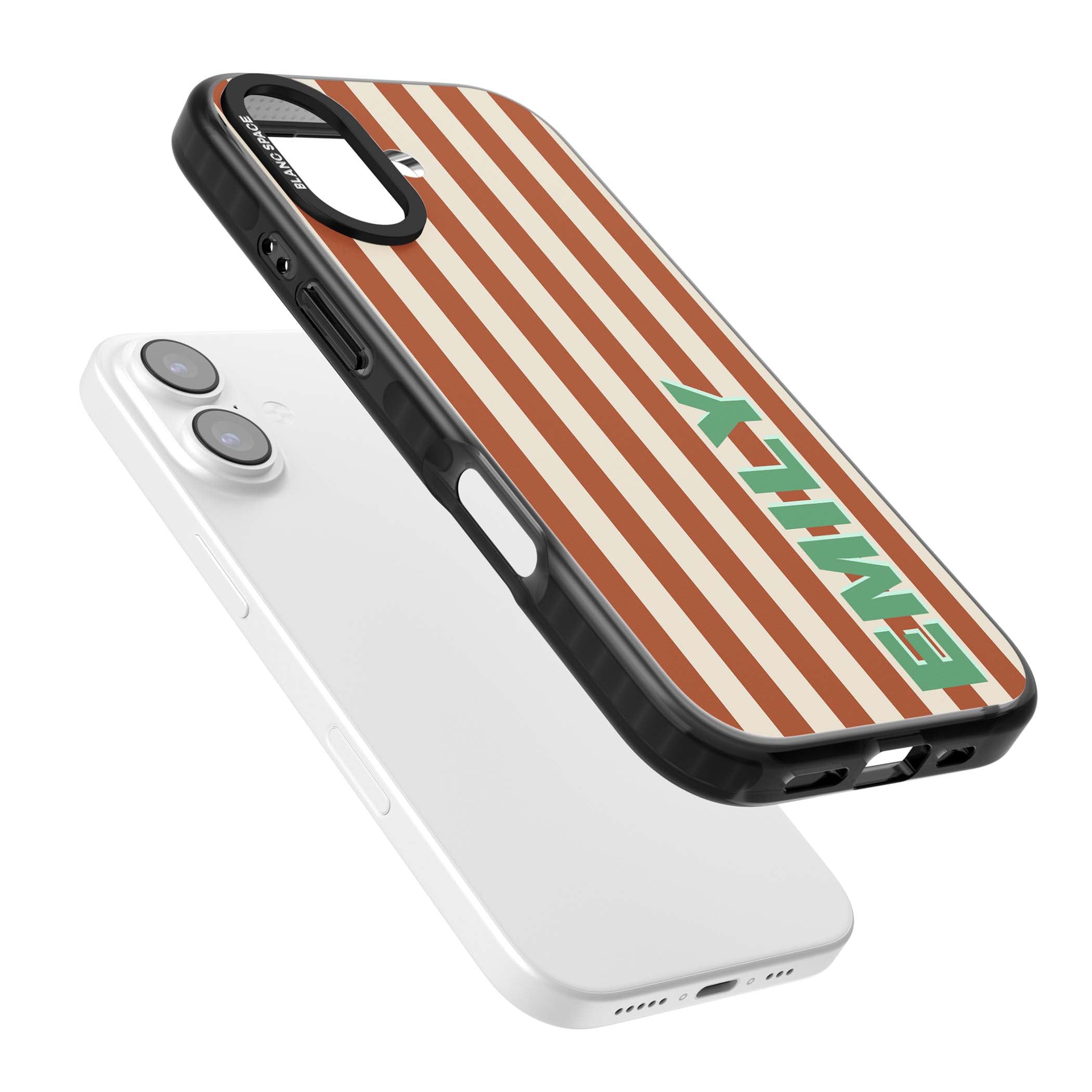 Dune Stripe personalised iPhone case with rust and cream vertical stripes and custom name in mint green | Black Impact Magsafe case for iPhone 17