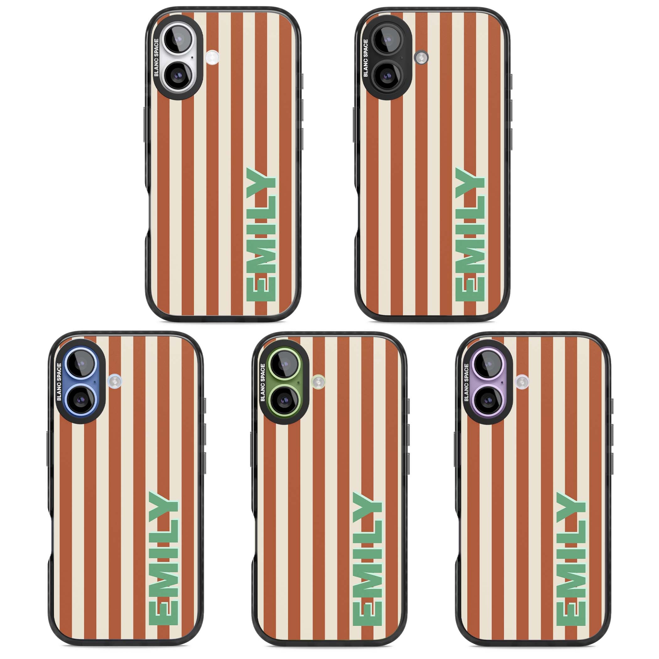 Dune Stripe personalised iPhone case with rust and cream vertical stripes and custom name in mint green | Black Impact Magsafe case for iPhone 17
