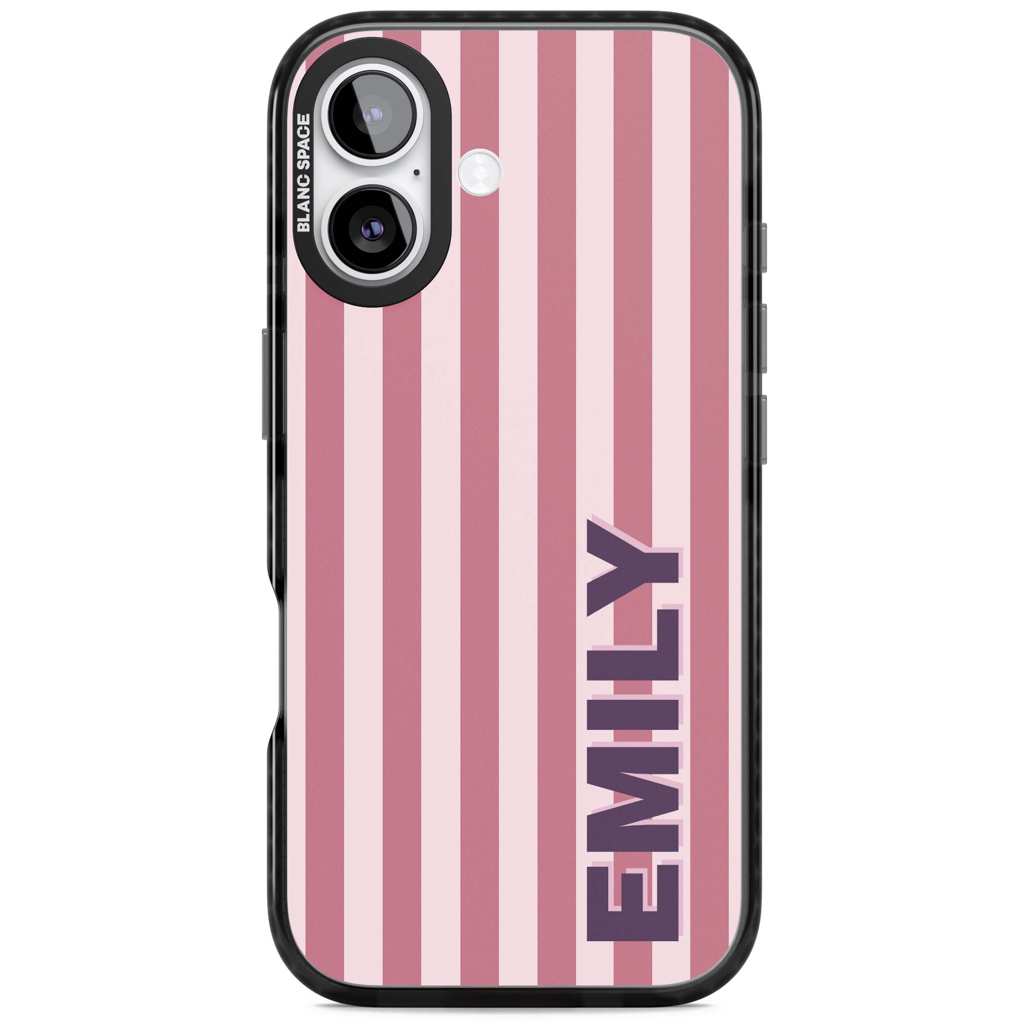 Victoria Stripe personalised iPhone case featuring pink vertical stripes and custom name in bold plum lettering | Black Impact Magsafe case for iPhone 17