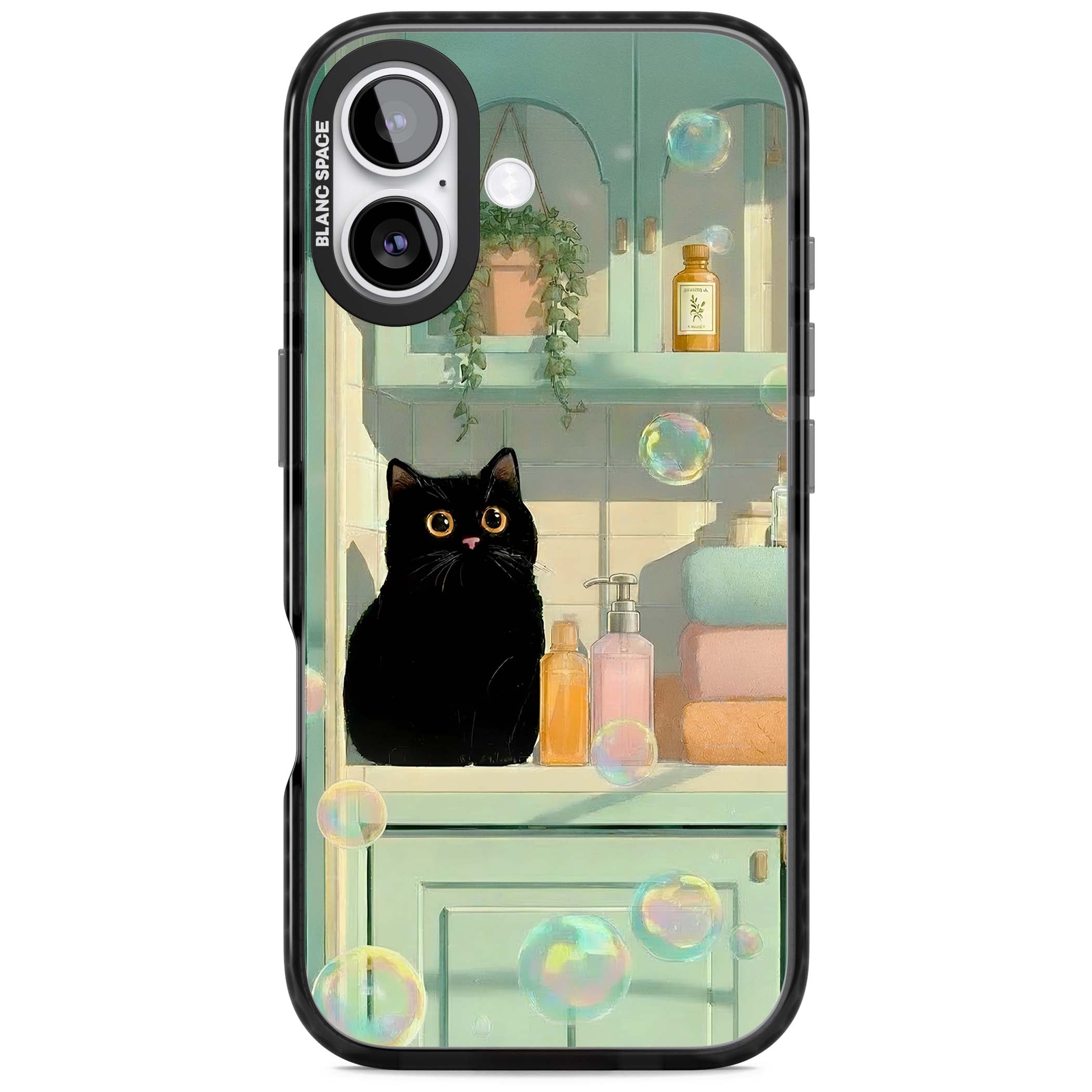 Bathroom Bubble Kitty cottagecore iPhone case featuring a black cat, mint bathroom scene and floating soap bubbles | Black Impact Magsafe case for iPhone 17