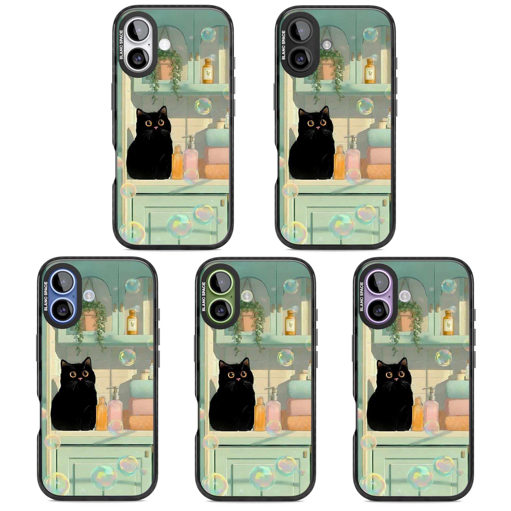 Bathroom Bubble Kitty cottagecore iPhone case featuring a black cat, mint bathroom scene and floating soap bubbles | Black Impact Magsafe case for iPhone 17