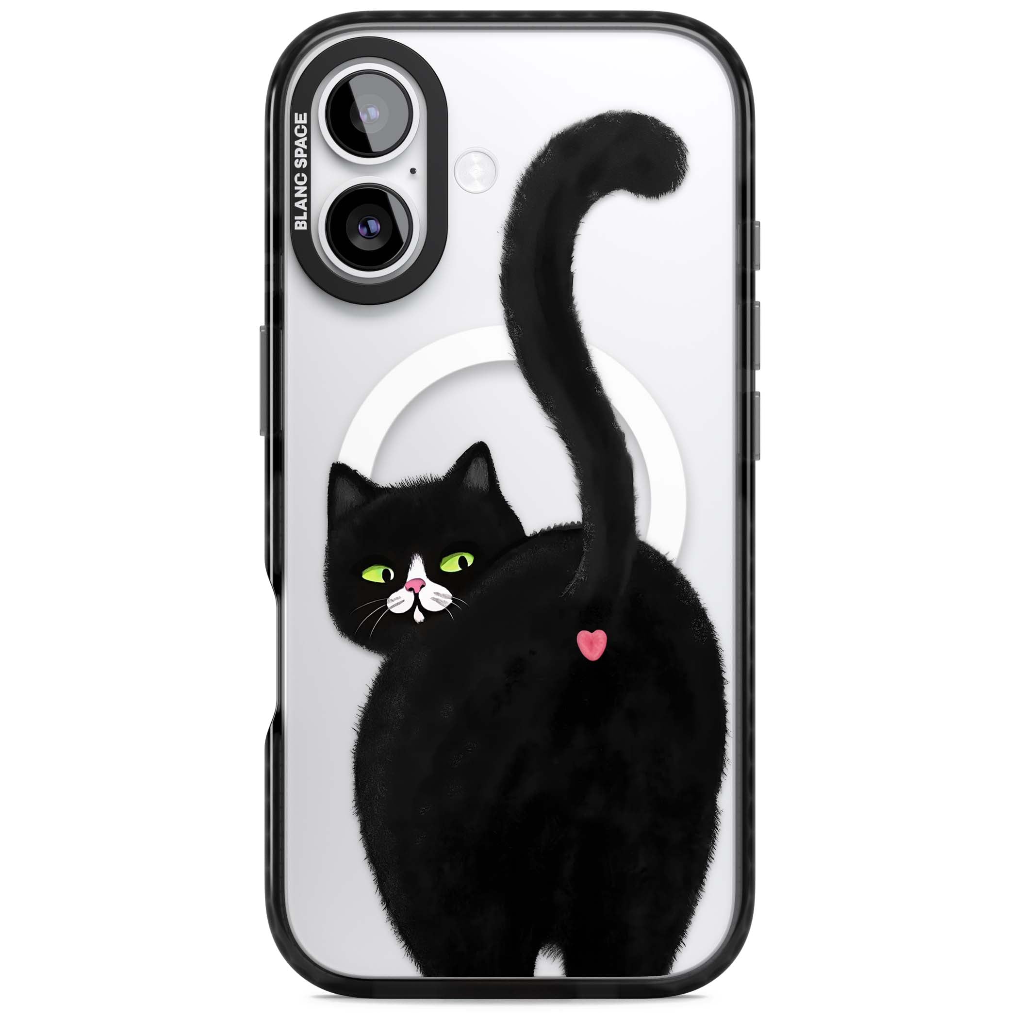 The Cat's Kiss cute cat iPhone case featuring a hand-painted tuxedo kitty with green eyes and a pink heart on a clear  | Black Impact Magsafe case for iPhone 17