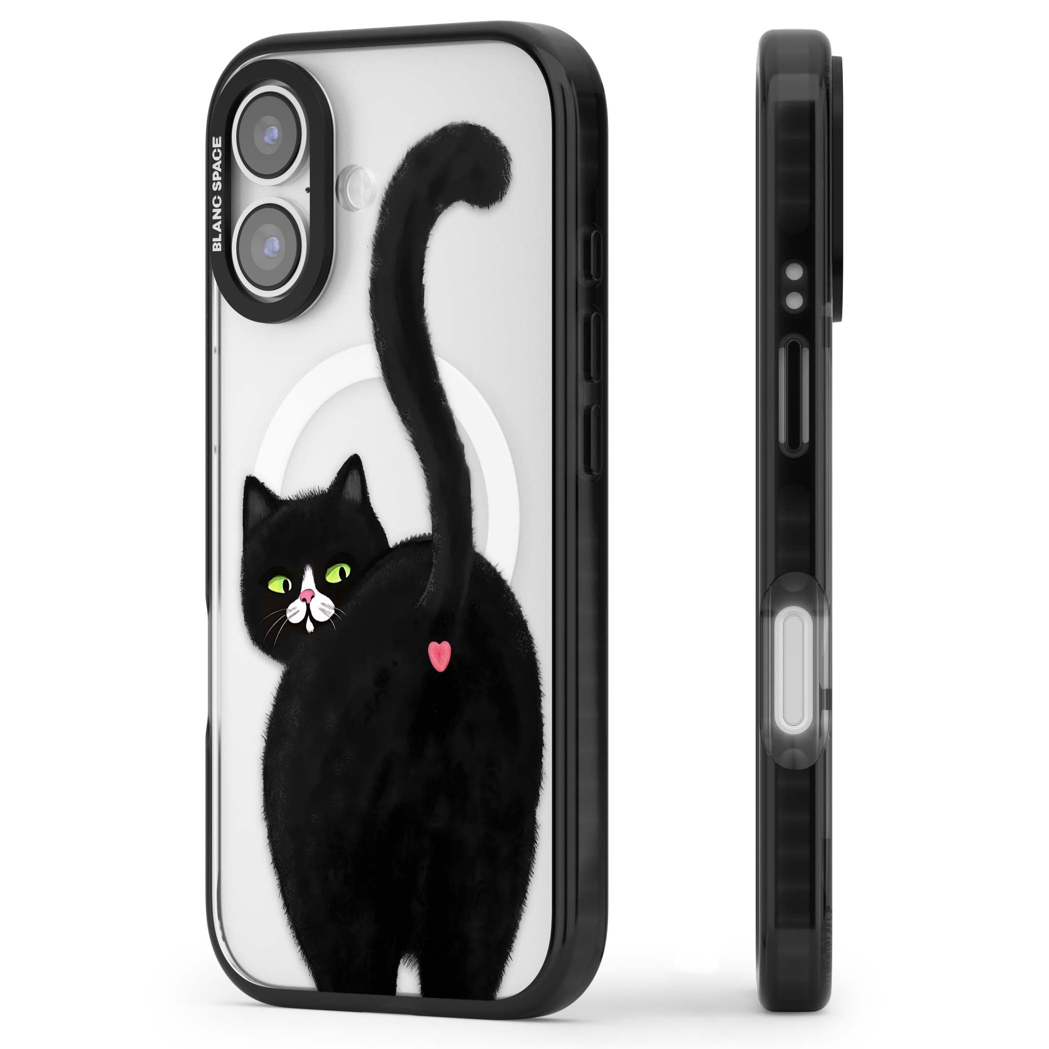 The Cat's Kiss cute cat iPhone case featuring a hand-painted tuxedo kitty with green eyes and a pink heart on a clear  | Black Impact Magsafe case for iPhone 17