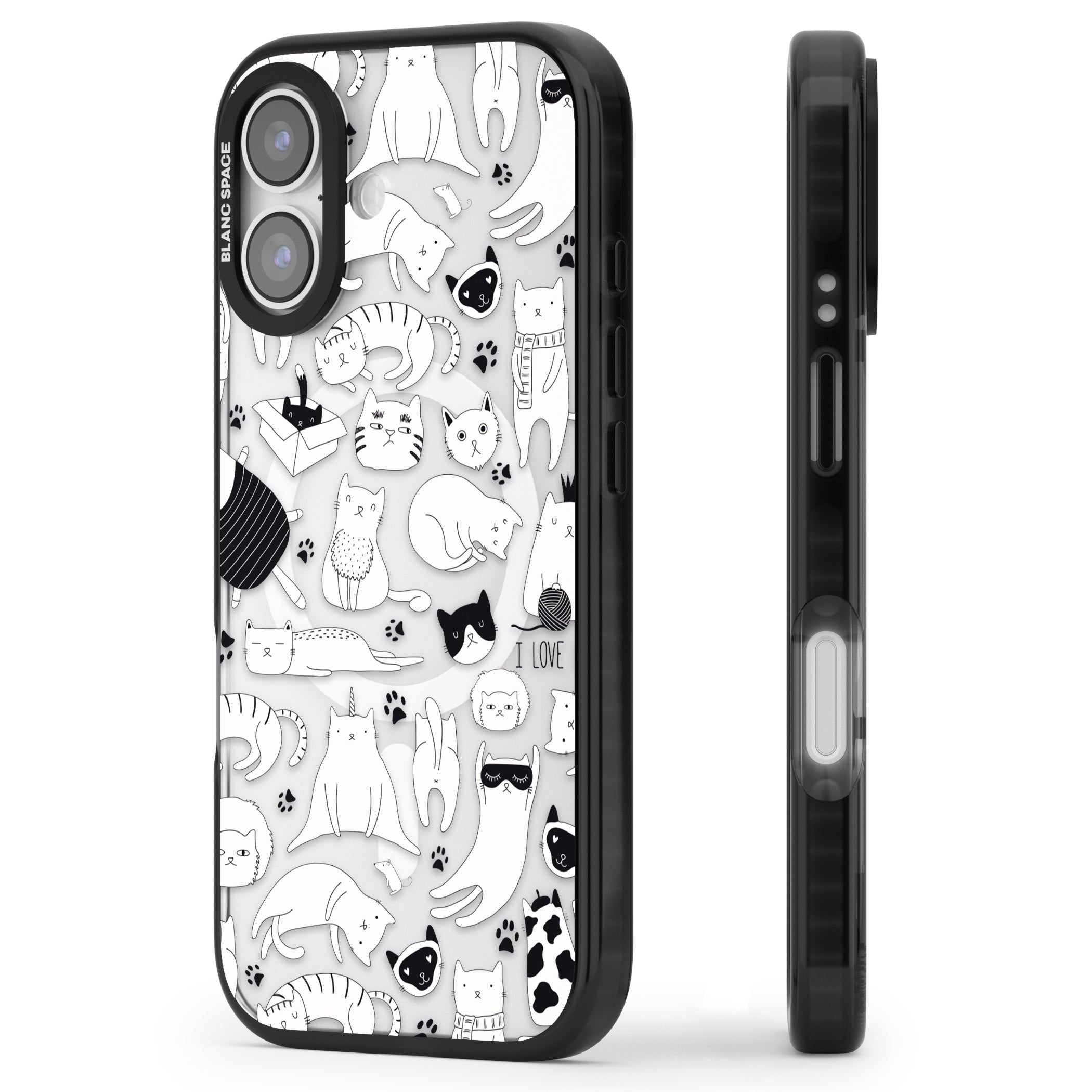 Cartoon Cat Collage Black & White iPhone 17 Impact Pro Black Phone Case Side Profile