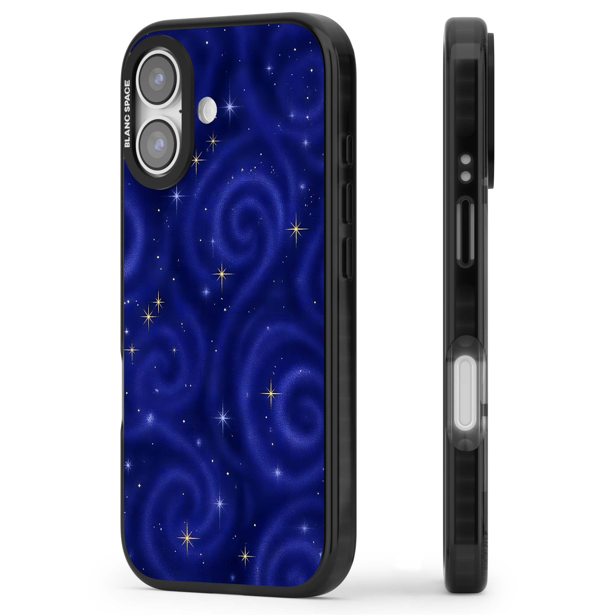 Indigo Cosmos celestial iPhone case featuring swirling navy night sky and sparkling golden stars | Black Impact Magsafe case for iPhone 17