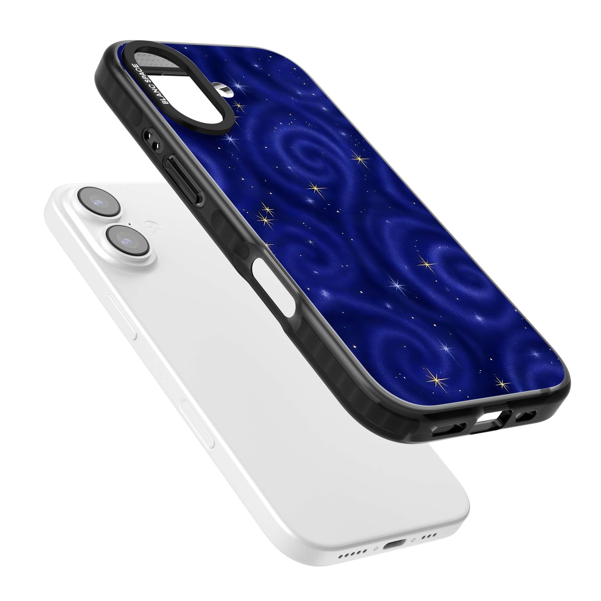 Indigo Cosmos celestial iPhone case featuring swirling navy night sky and sparkling golden stars | Black Impact Magsafe case for iPhone 17