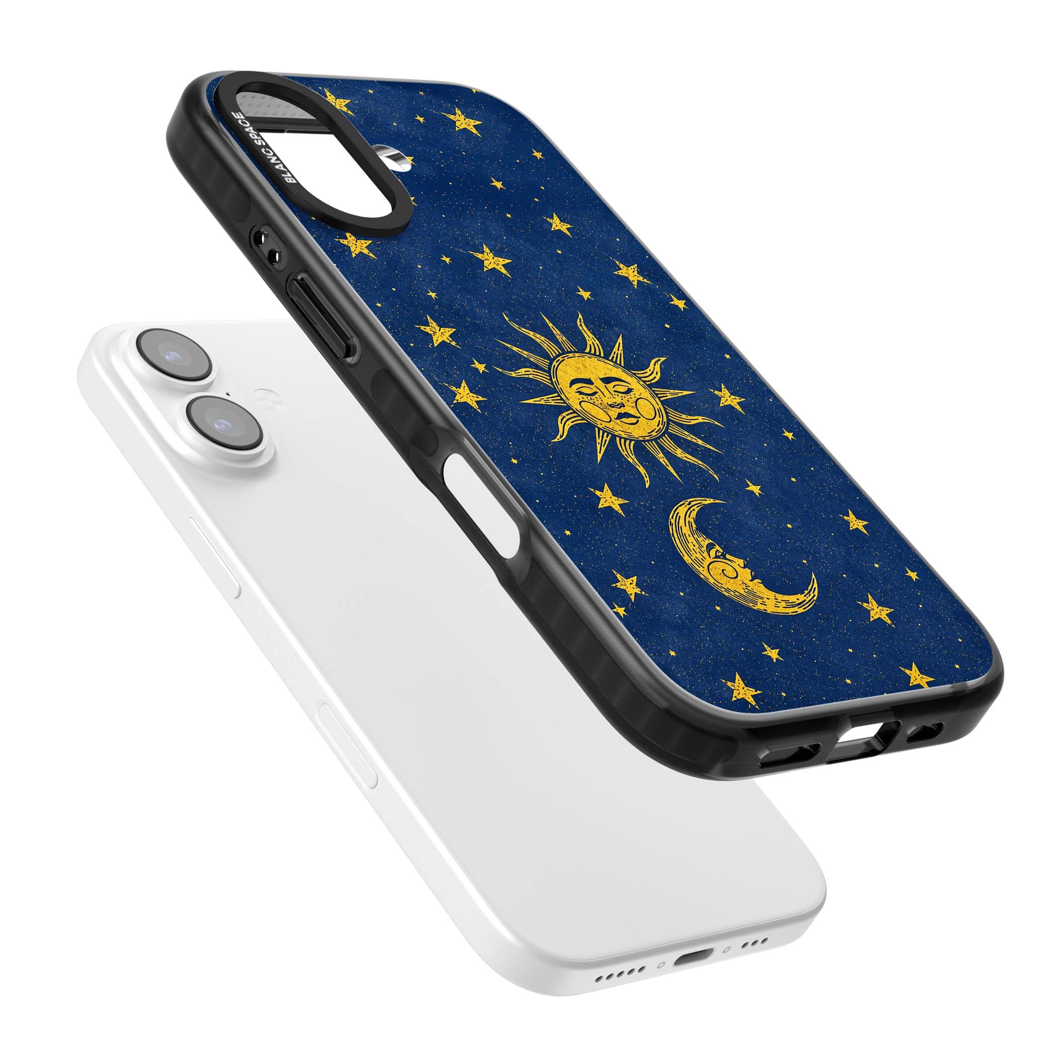 Sun & Moon Reverie celestial iPhone case featuring a vintage golden sun, crescent moon and scattered stars on midnight blue | Black Impact Magsafe case for iPhone 17