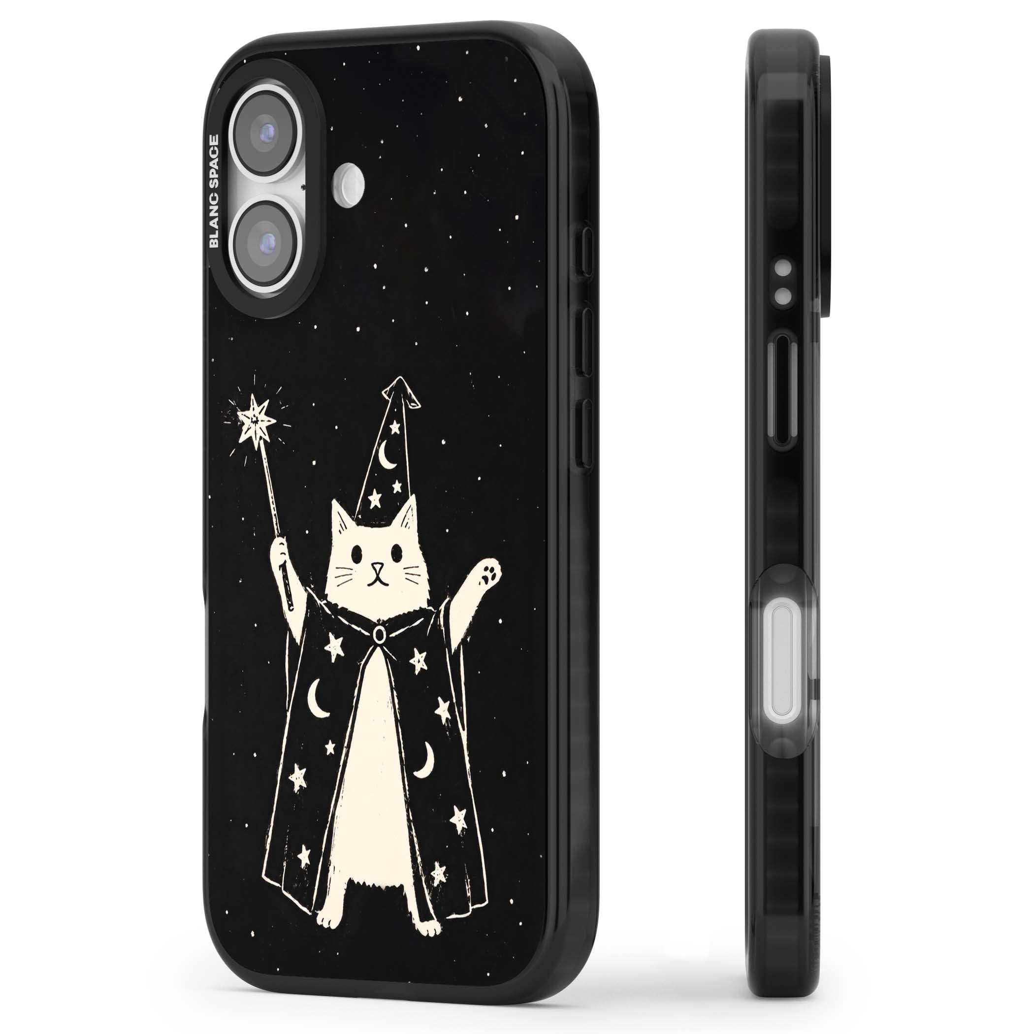 Whisker Wizard celestial cat iPhone case featuring a wizard cat with magic wand, starry night sky and crescent moons | Black Impact Magsafe case for iPhone 17