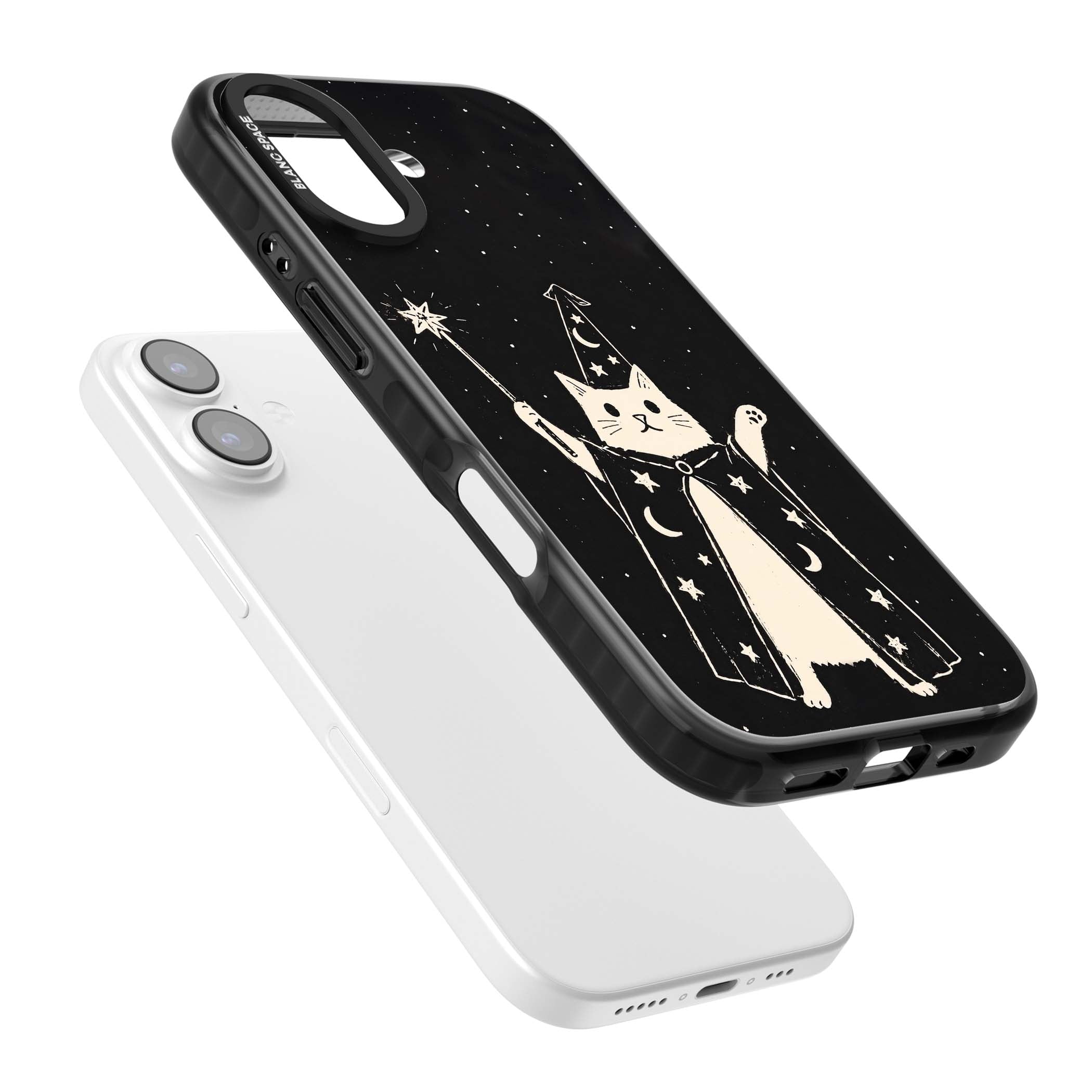 Whisker Wizard celestial cat iPhone case featuring a wizard cat with magic wand, starry night sky and crescent moons | Black Impact Magsafe case for iPhone 17