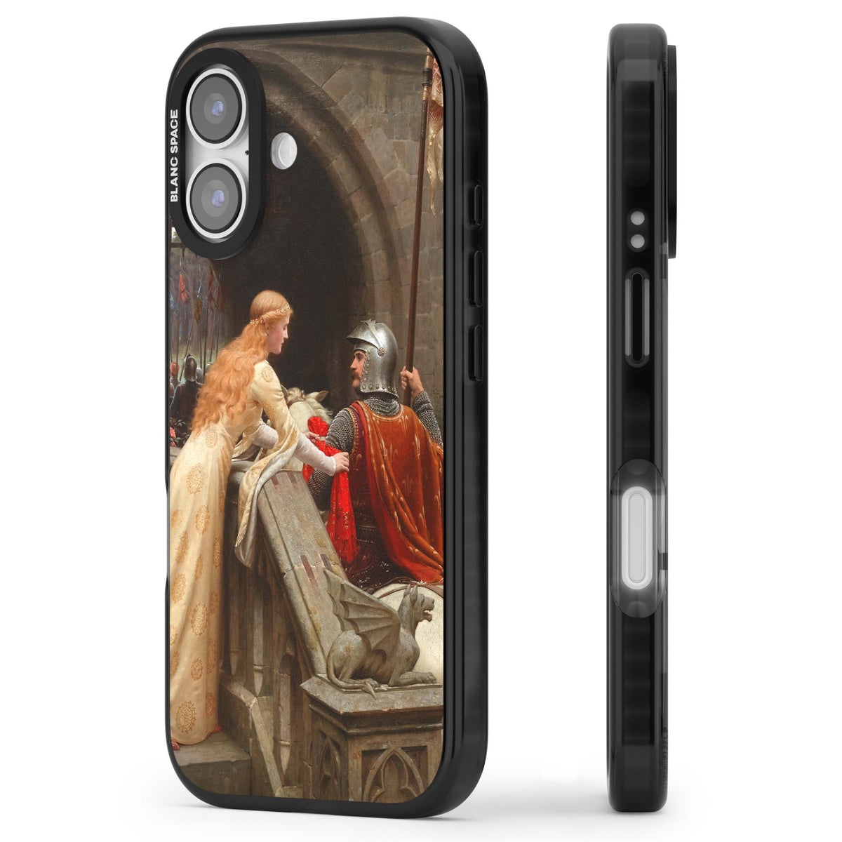 God Speed fine art iPhone case featuring Edmund Blair Leighton's medieval knight and lady beneath a stone archway | Black Impact Magsafe case for iPhone 17
