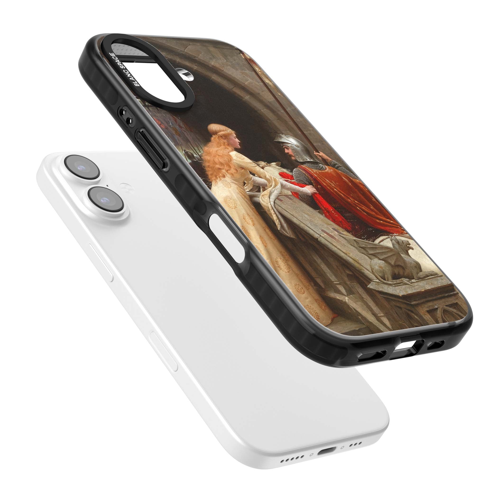 God Speed fine art iPhone case featuring Edmund Blair Leighton's medieval knight and lady beneath a stone archway | Black Impact Magsafe case for iPhone 17