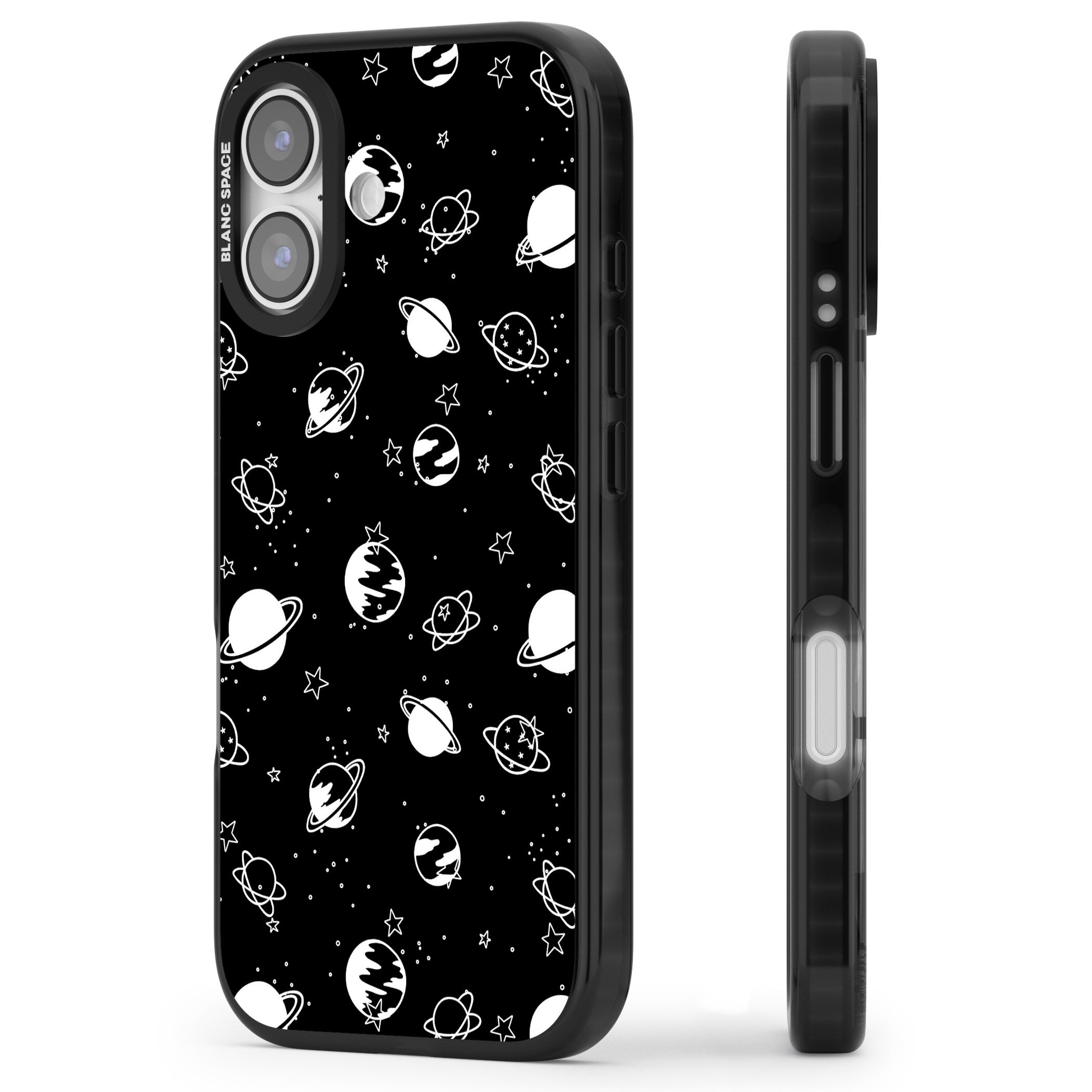 White Planets On Black iPhone 17 Impact Pro Black Phone Case Side Profile