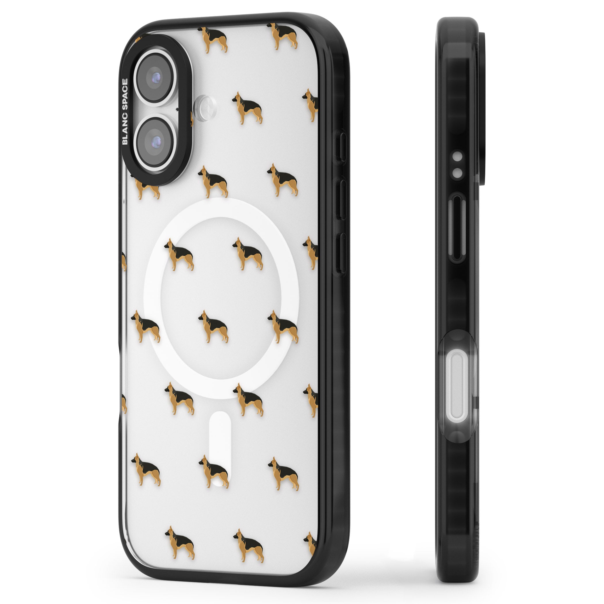German Shepherd Pattern Clear iPhone 17 Impact Pro Black Phone Case Side Profile