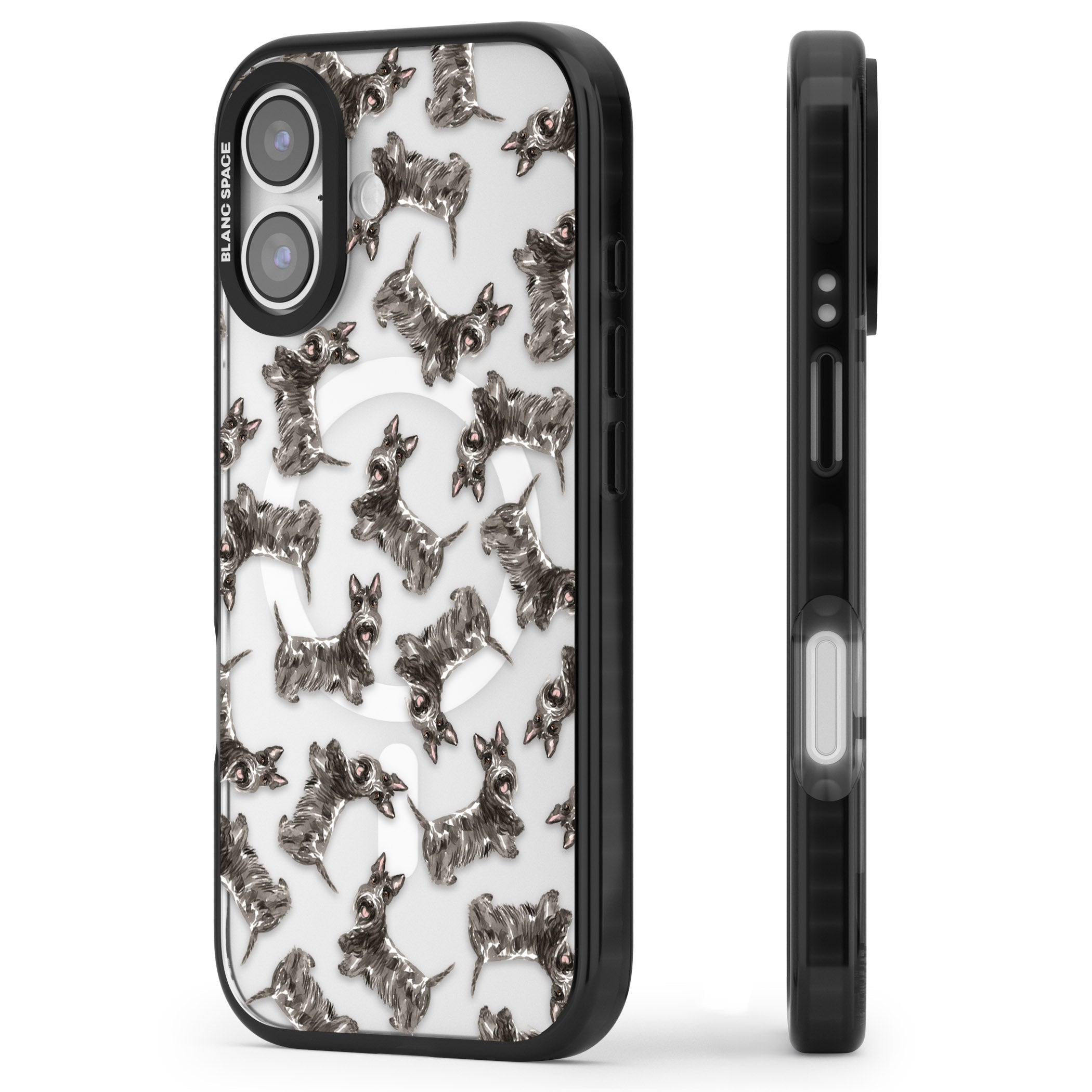 Scottish Terrier Pattern iPhone 17 Impact Pro Black Phone Case Side Profile