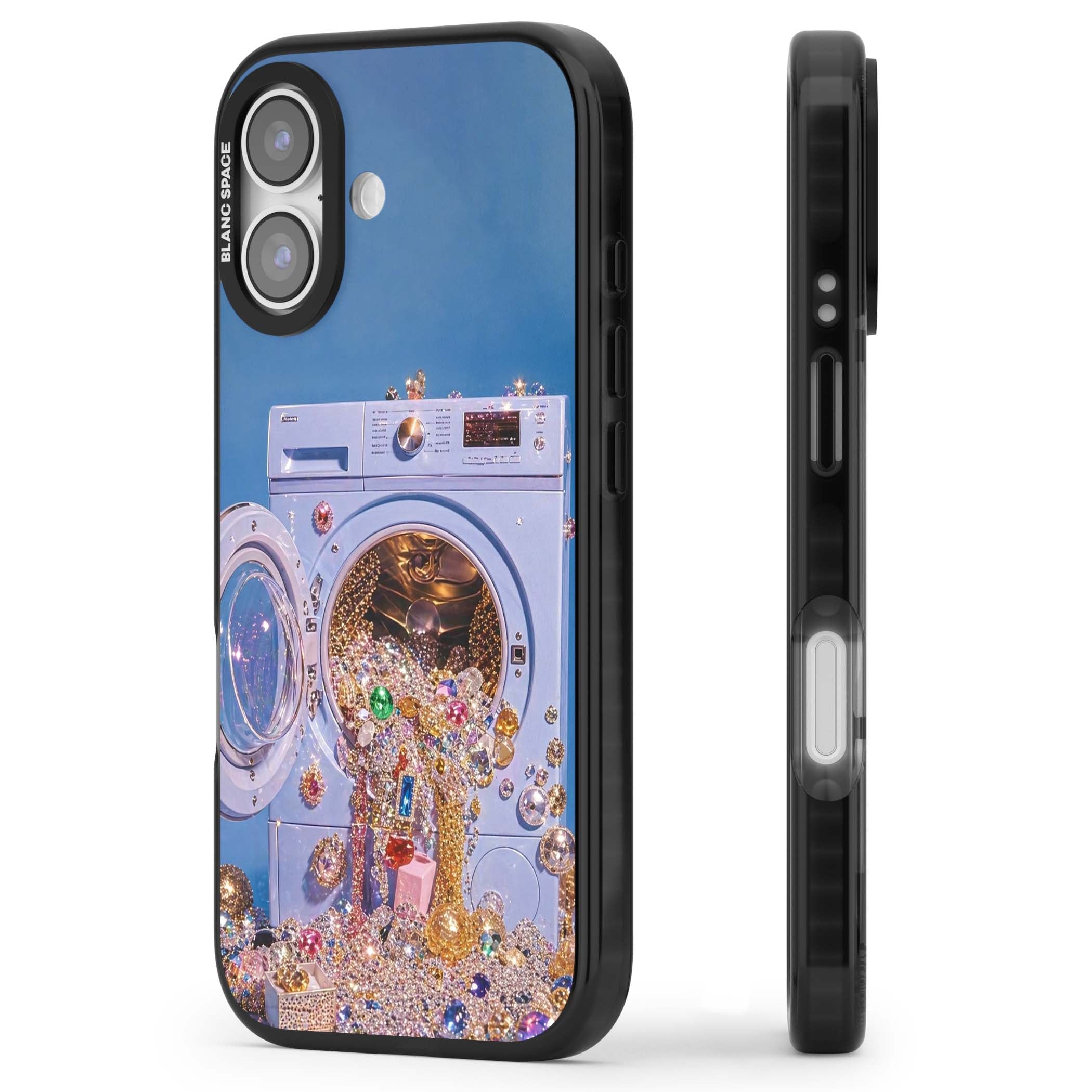 Gem Laundry baddie iPhone case featuring a surreal washing machine overflowing with colourful gemstones and crystals | Black Impact Magsafe case for iPhone 17